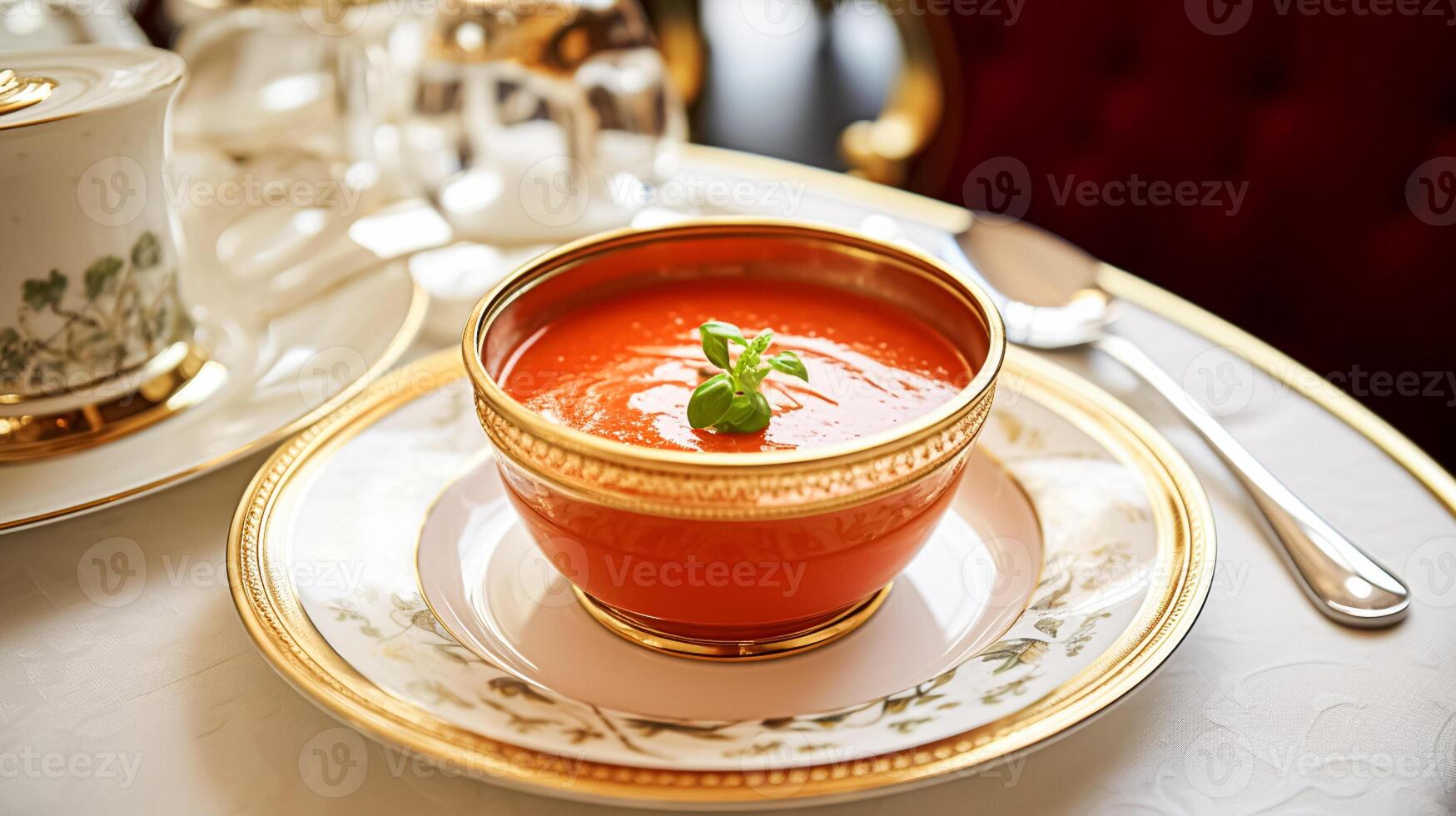 ai generado tomate crema sopa en un restaurante, Inglés campo Exquisito cocina menú, culinario Arte comida y multa comida foto