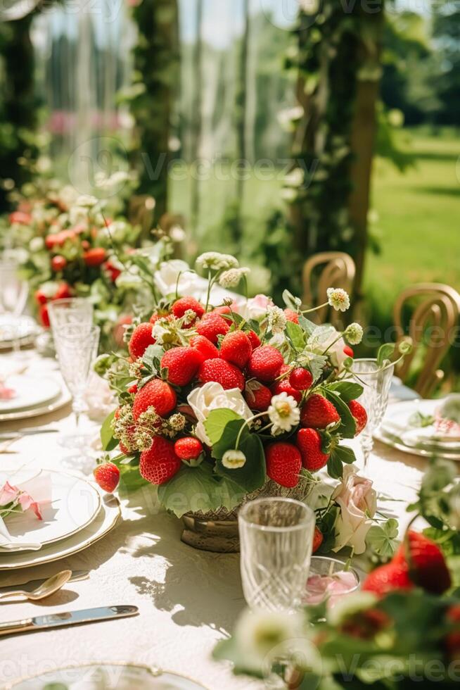 ai generado país paisaje de mesa, formal cena mesa configuración, mesa bohordo con fresa decoración para Boda fiesta y fiesta evento celebracion, generativo ai foto