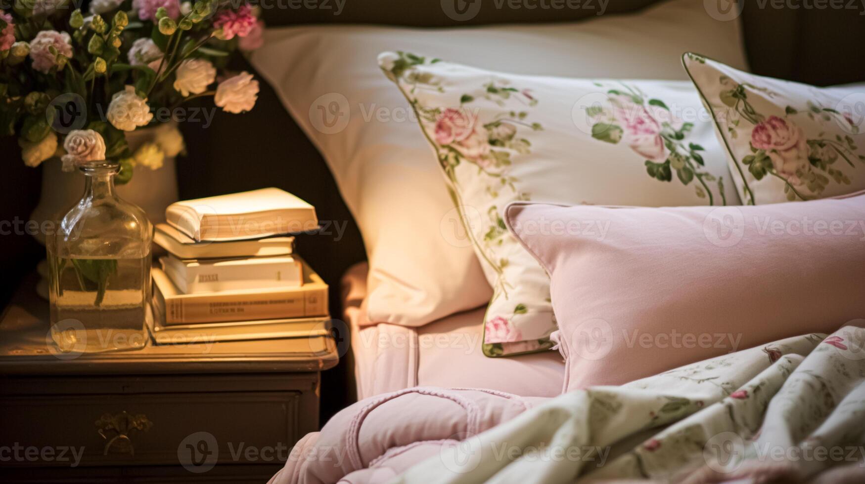 AI generated Bedroom decor, modern cottage interior design and home decor, bed linen and elegant country bedding style, lamp and flowers, English countryside house or holiday rental photo