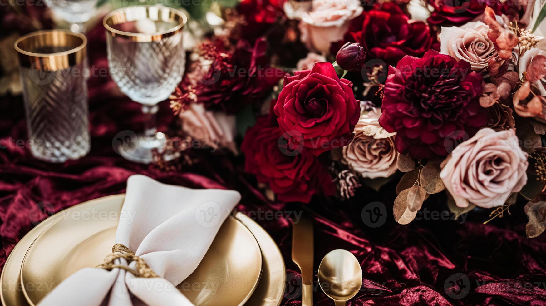 AI generated Wedding and event celebration tablescape with flowers, formal dinner table setting with roses and wine, elegant floral table decor for dinner party and holiday decoration, home styling photo