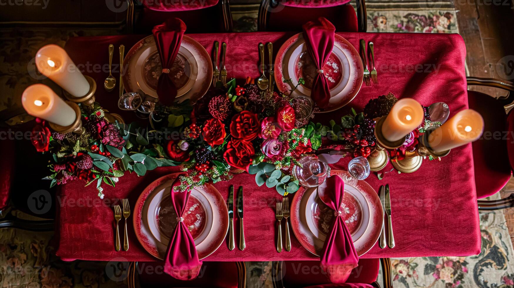 AI generated Valentines day tablescape and table decor, romantic table setting with flowers, formal dinner and date, beautiful cutlery and tableware photo
