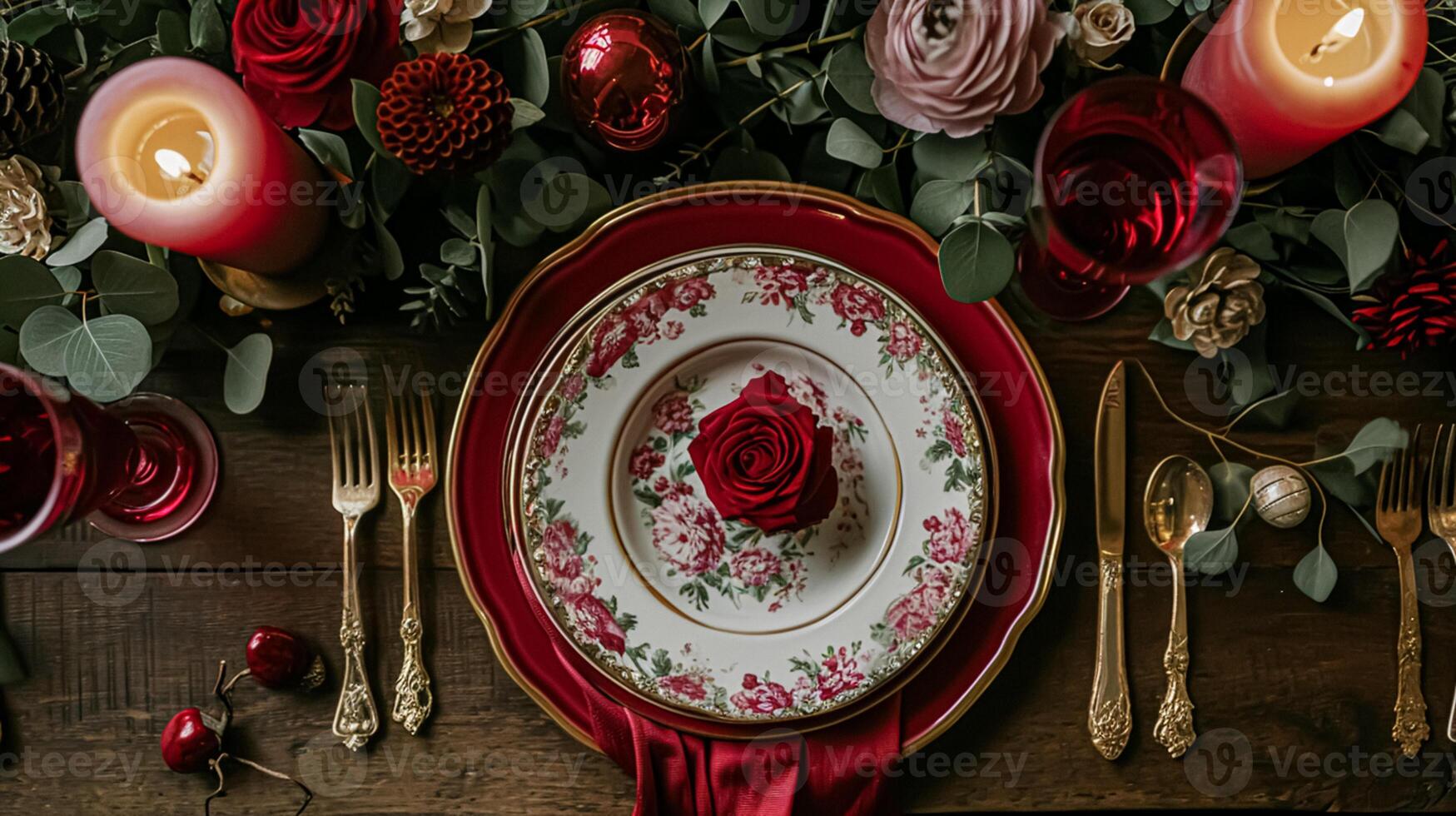 AI generated Valentines day tablescape and table decor, romantic table setting with flowers, formal dinner and date, beautiful cutlery and tableware photo