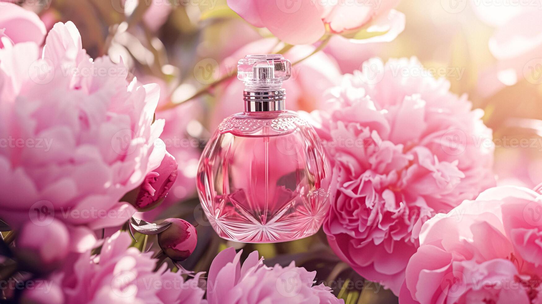 AI generated Perfume bottle in flowers, fragrance on blooming background, floral scent and cosmetic product photo