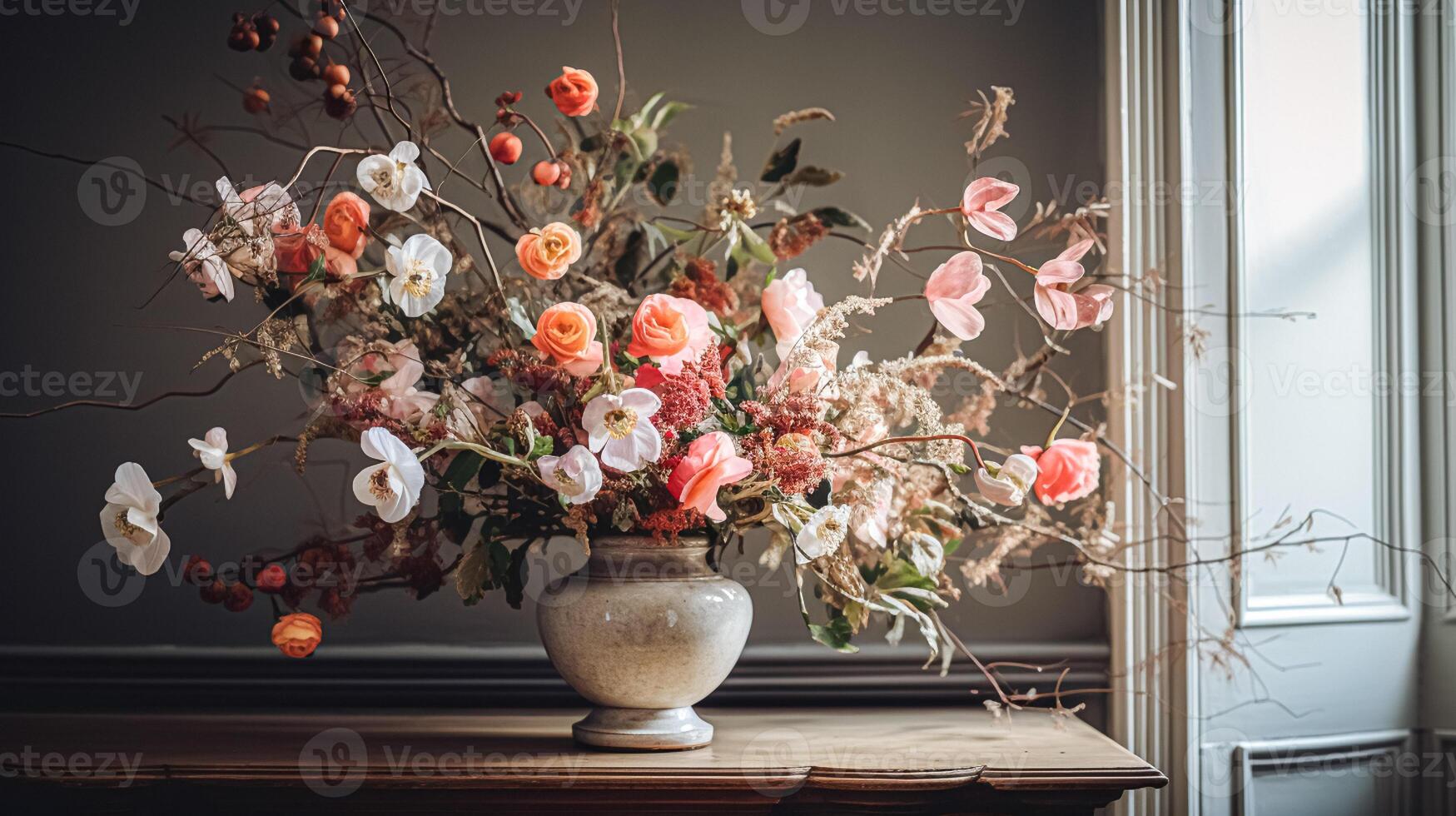 AI generated Floral arrangement with winter, autumn or early spring botanical plants and flowers photo