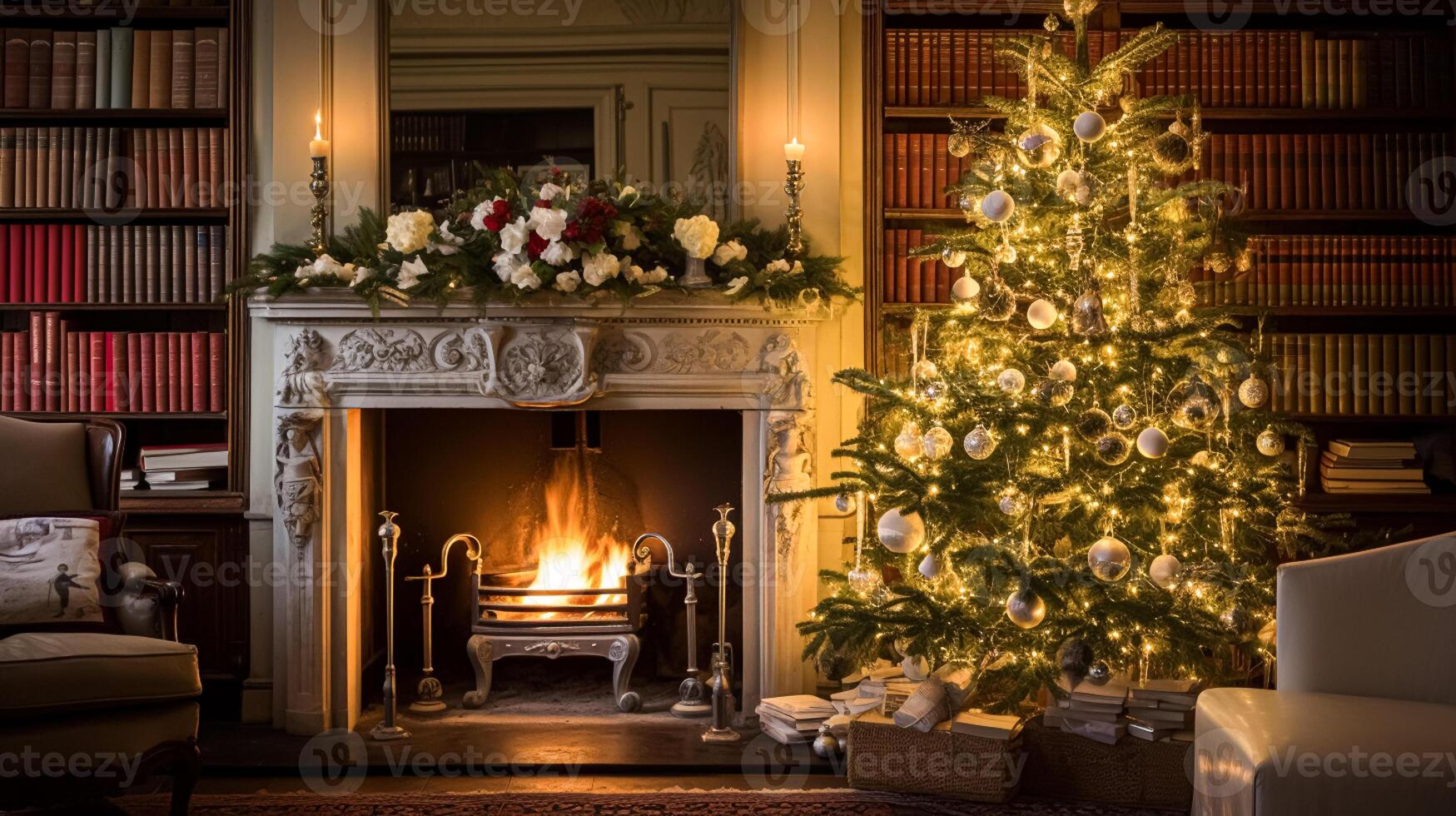 AI generated Christmas at the manor, English countryside decoration and interior decor photo