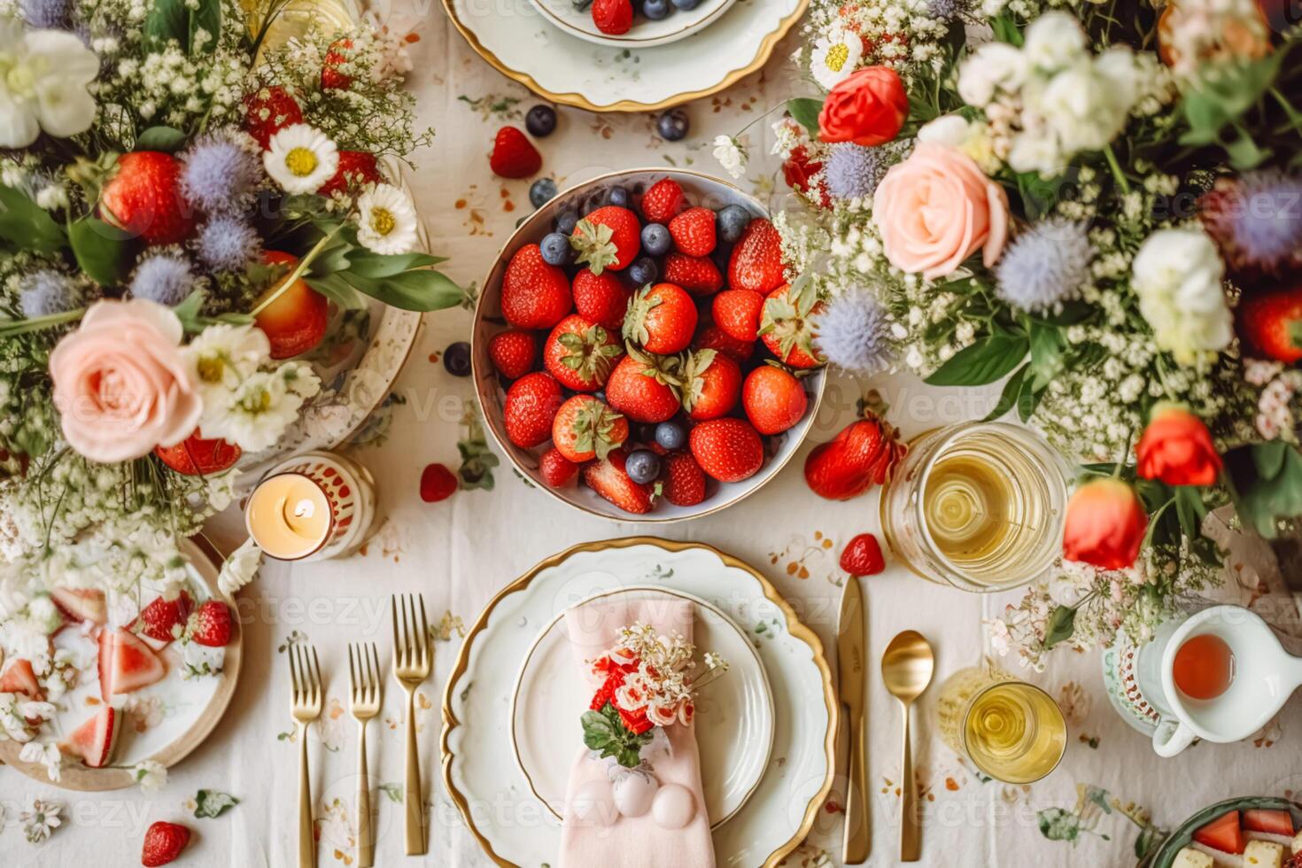 AI generated Country tablescape, formal dinner table setting, table scape with strawberry decoration for wedding party and holiday event celebration, generative ai photo