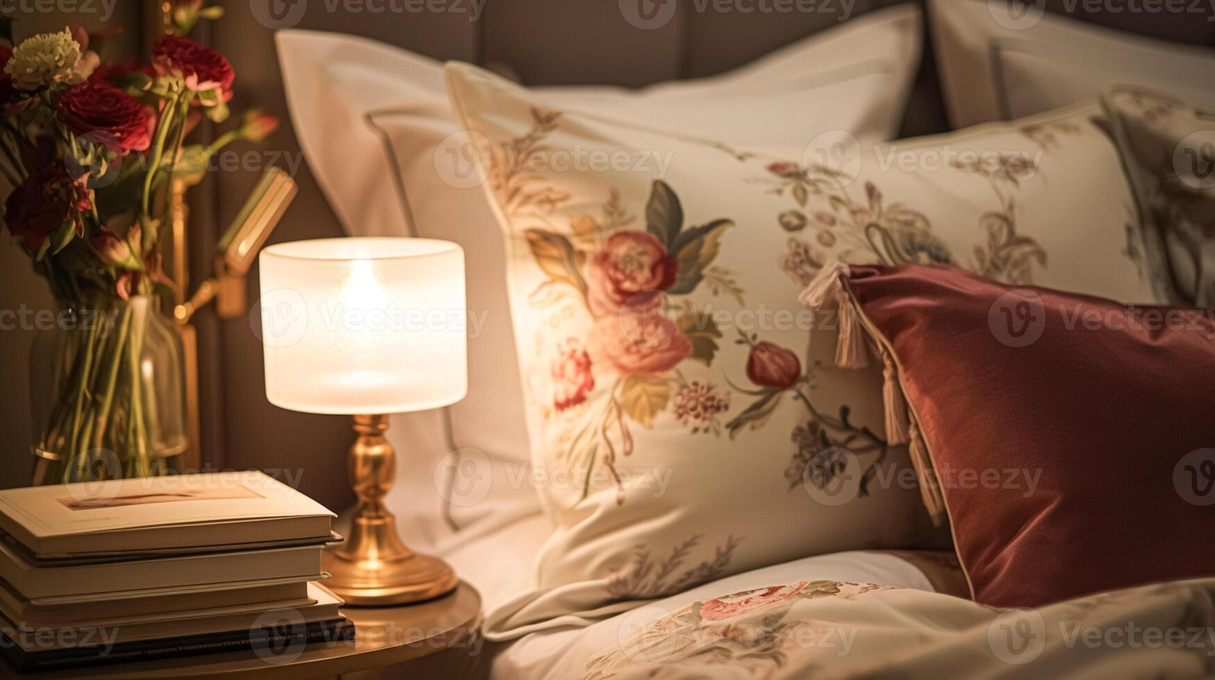 AI generated Modern cottage evening bedroom decor, interior design and home decor, bed with elegant bed linen bedding and lamp in English country house, holiday rental and cottage style photo