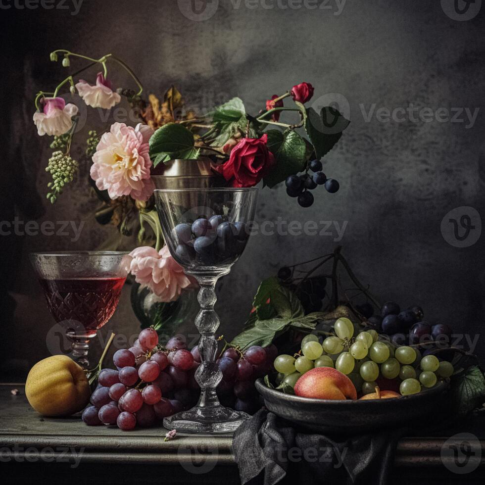 imperial todavía vida, presentando un vaso de rojo vino, un generosidad de Fresco fruta, y un clásico florero desbordante con flores foto