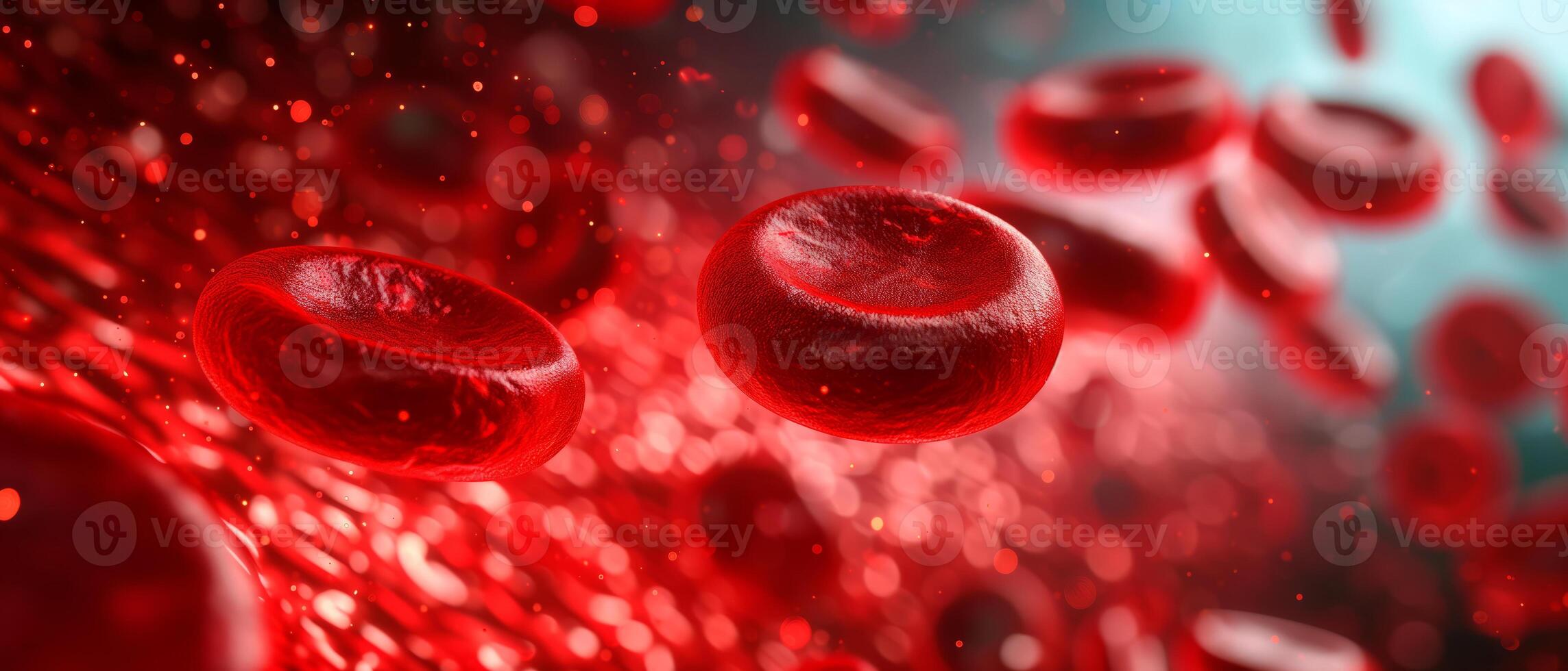 AI generated 3D illustration of human red cells flowing in blood vessels. Macro view. photo