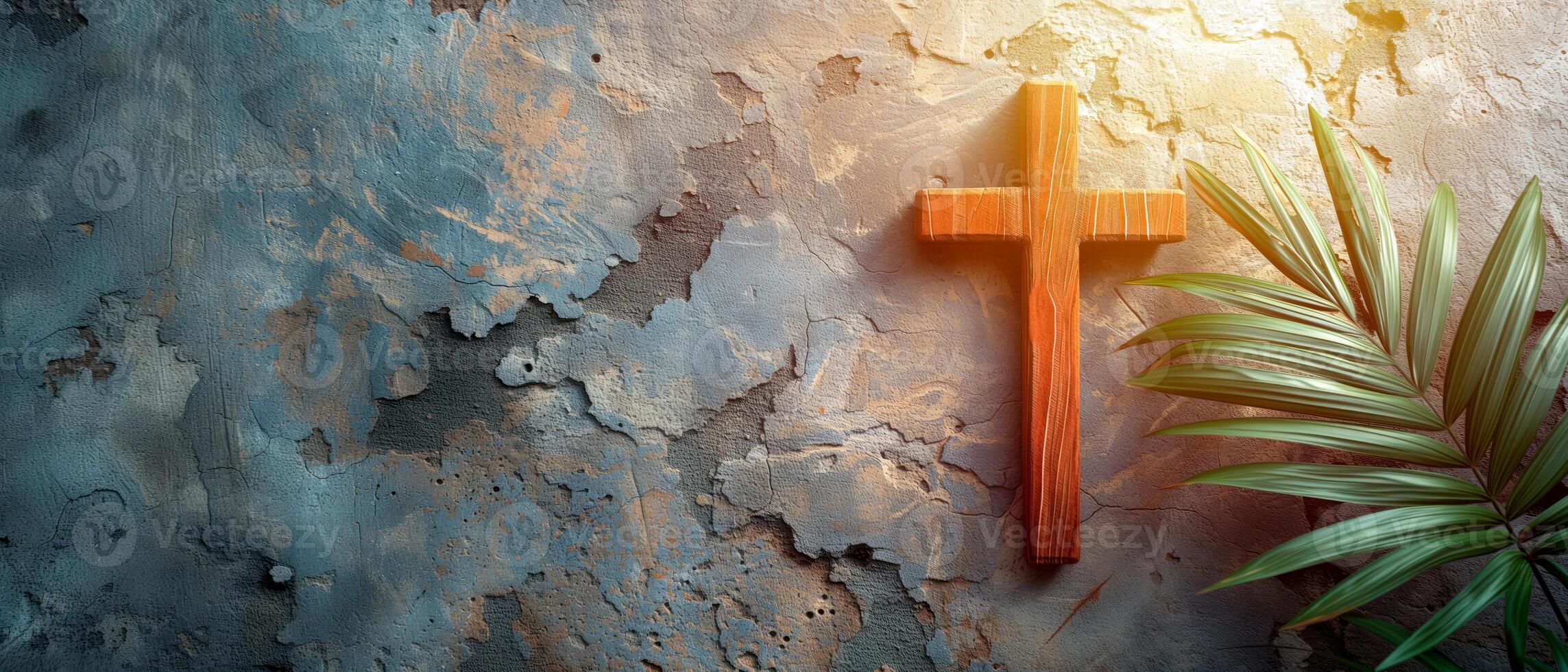 AI generated Wood cross and palm leaves over stone background for easter. Catholicism symbol. photo