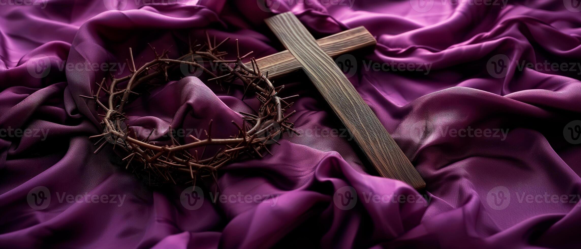 AI generated Wood cross and a crown of thorns over soft purple fabric for easter. Catholicism symbol. photo