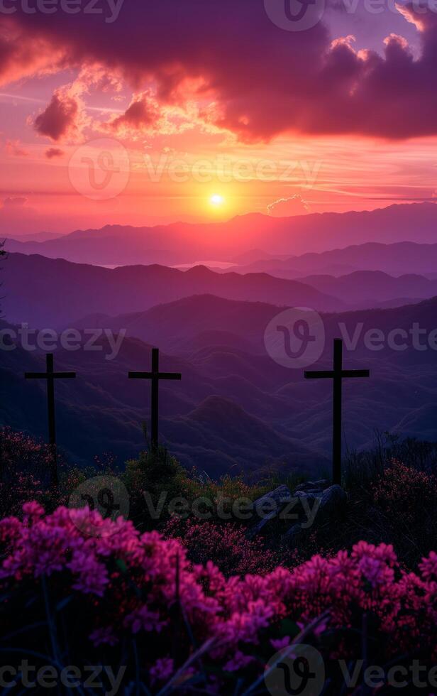 AI generated Crucifixion and Resurrection of Jesus at sunset. Three wooden crosses against beautiful sunset in the mountains. Catholicism symbols. Easter concept. photo