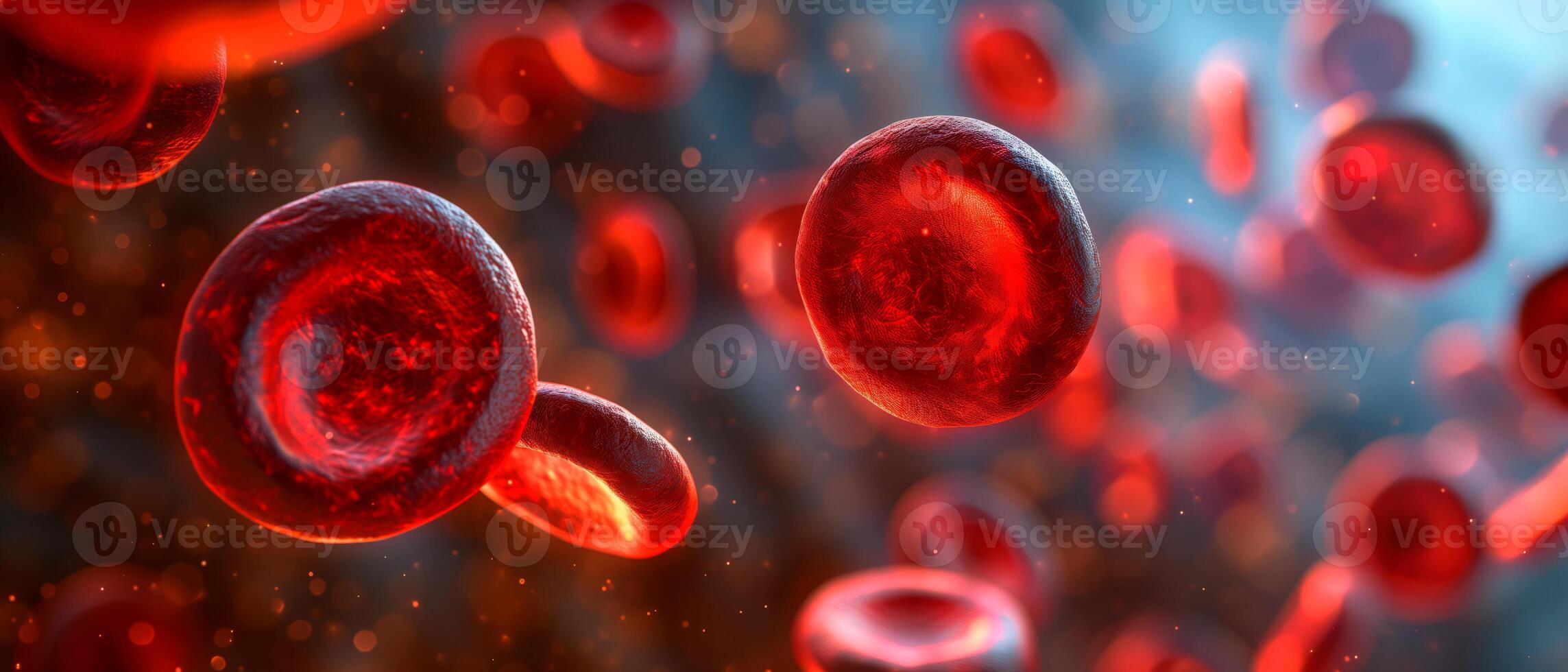 AI generated 3D illustration of human red cells flowing in blood vessels. Macro view. photo