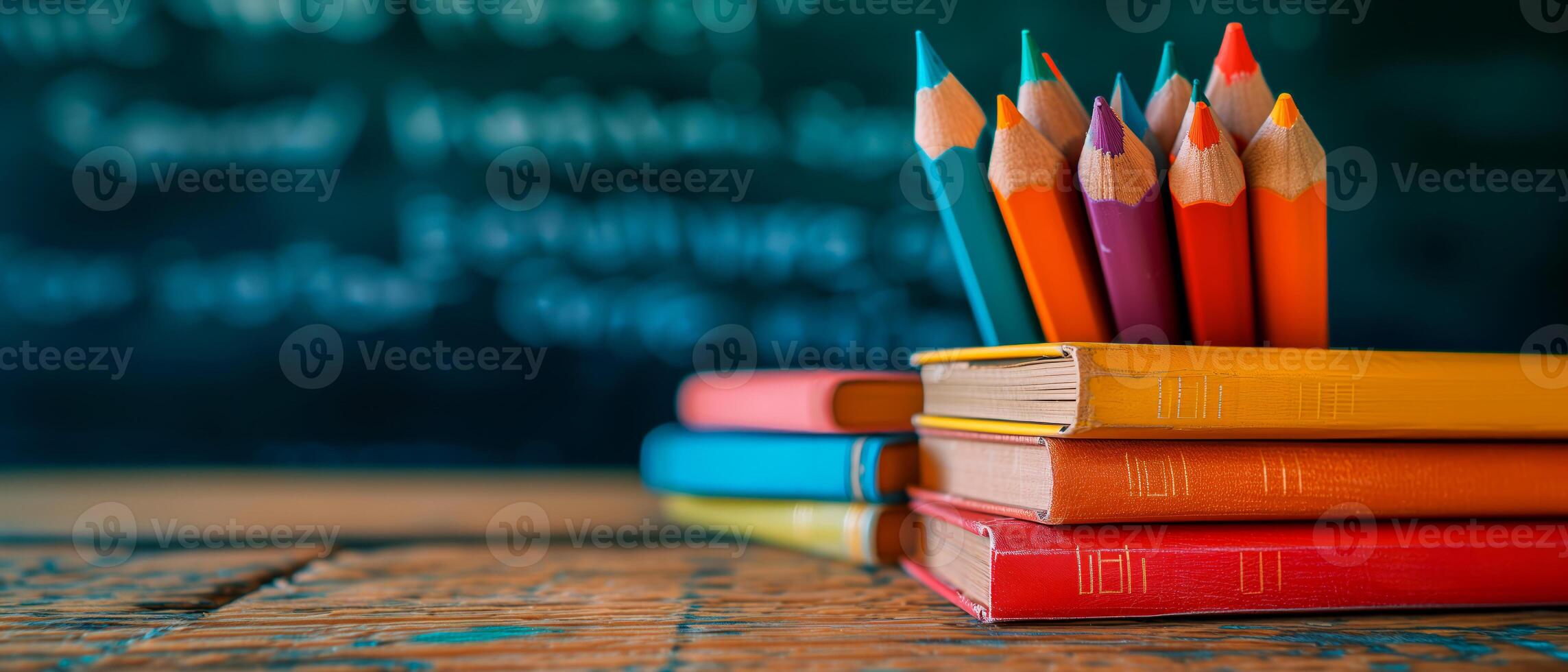 AI generated Colorful pencils and books over blurred classroom with empty space for text. Back to school concept. photo