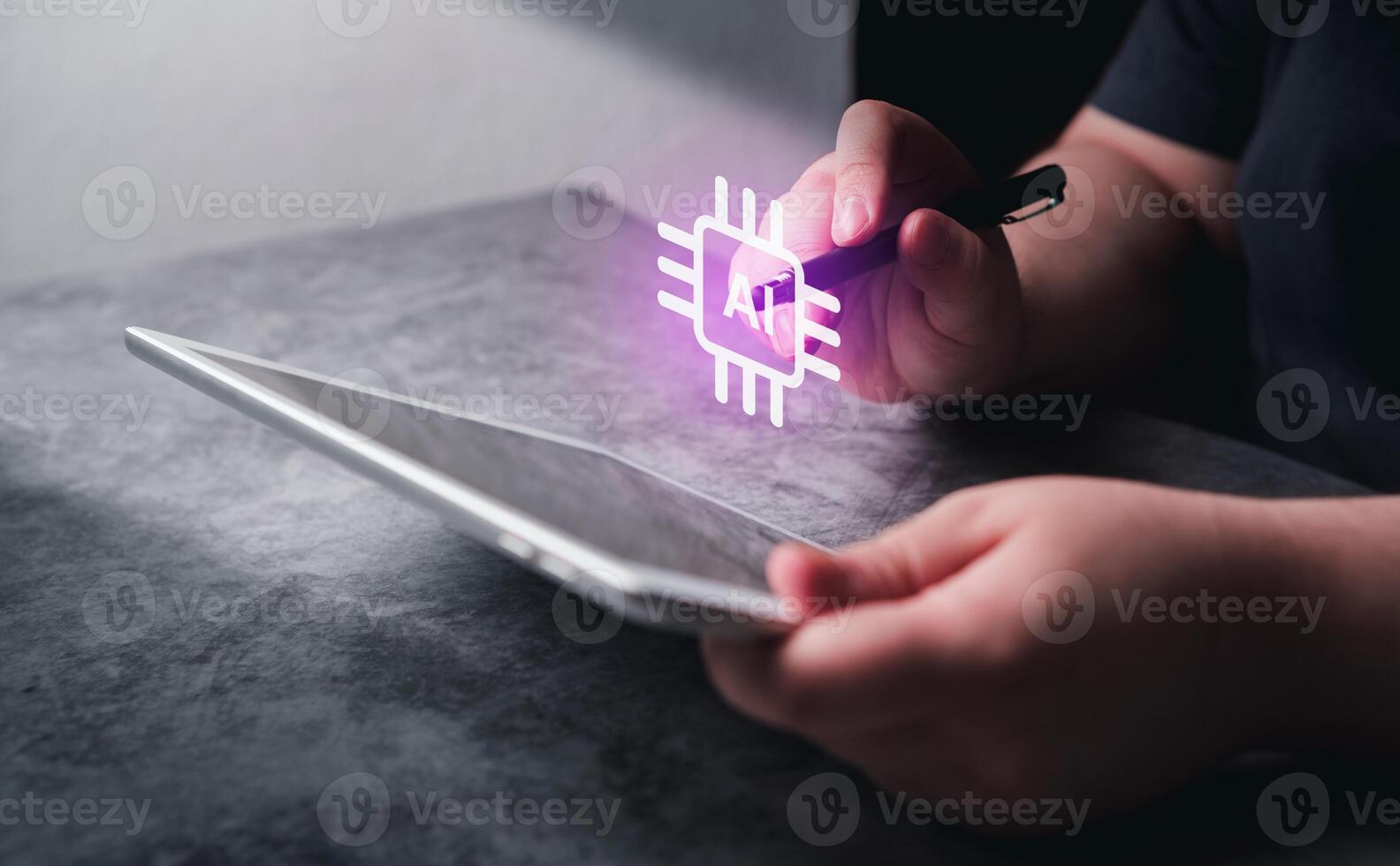 Woman use digital tablet with the power of AI chip hologram. Chat Bot Artificial Intelligence. photo