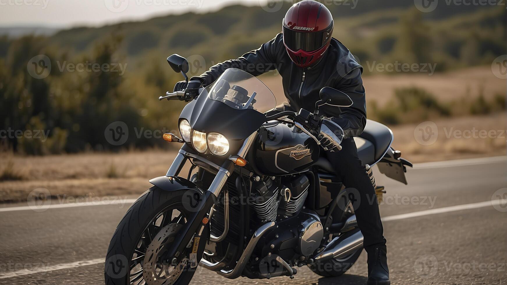 AI generated close-up of a biker on motorcycle, biker riding a bike, biker with helmet photo