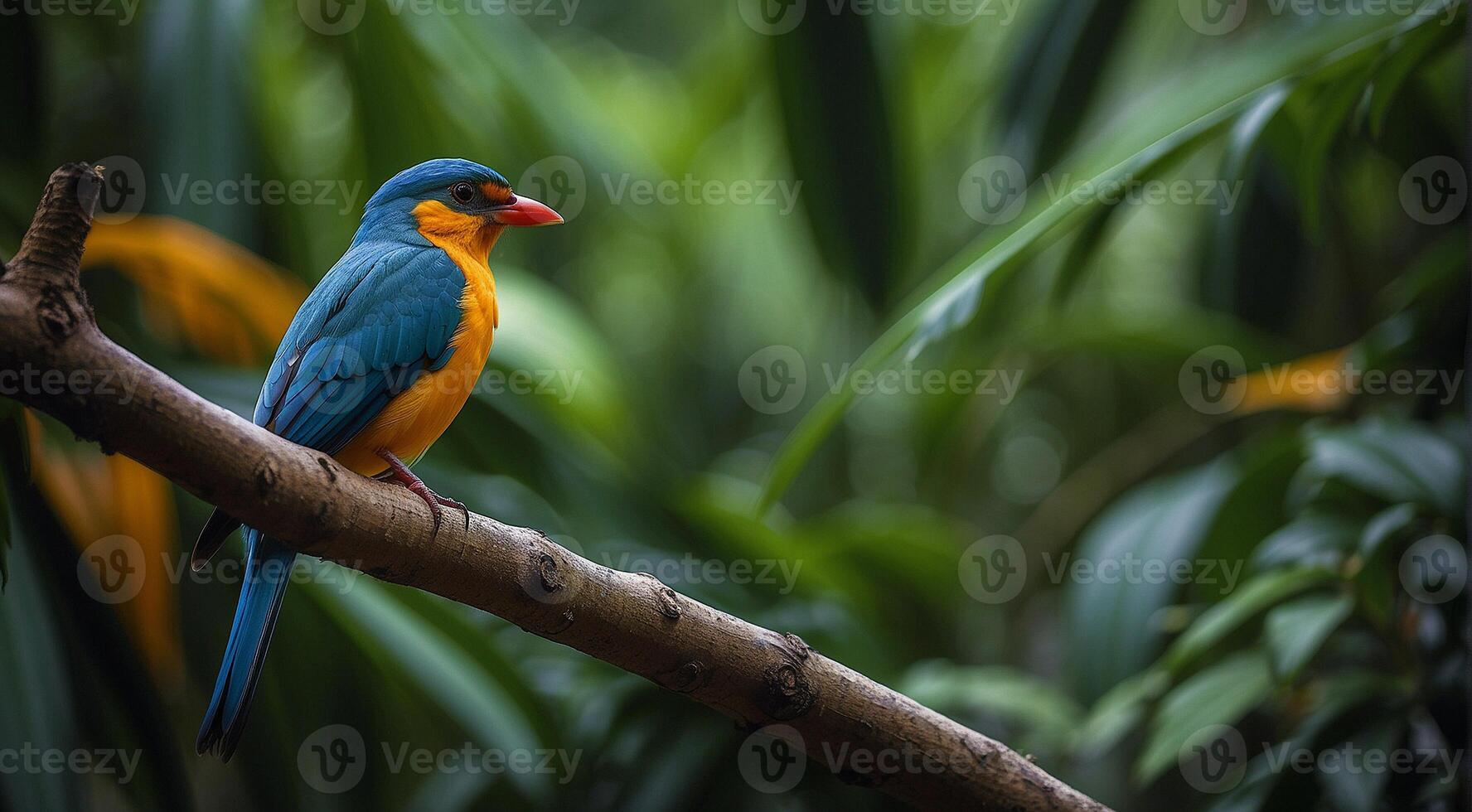 AI generated colored beautiful bird sitting on the tree in the jungle, colored wild bird, colored wild bird sitting on the branch of tree in jungle photo