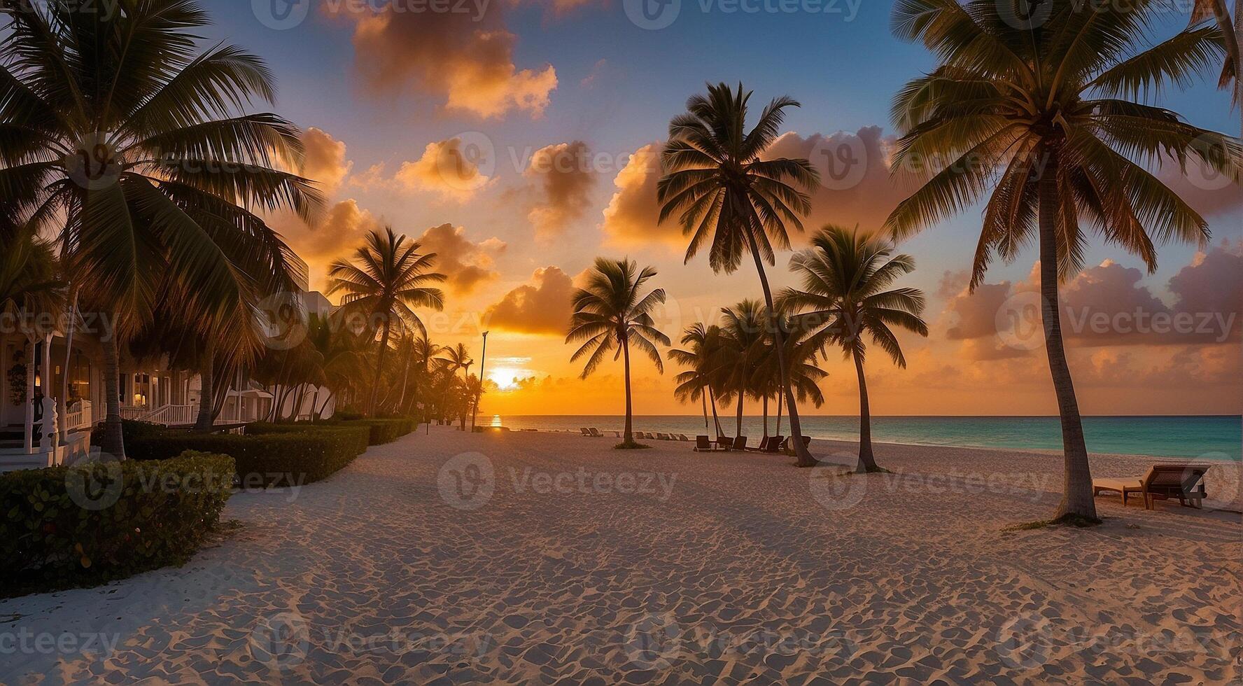 ai generado puesta de sol a el Miami playa, Miami playa escena, fantástico ver de el playa, puesta de sol terminado el playa foto