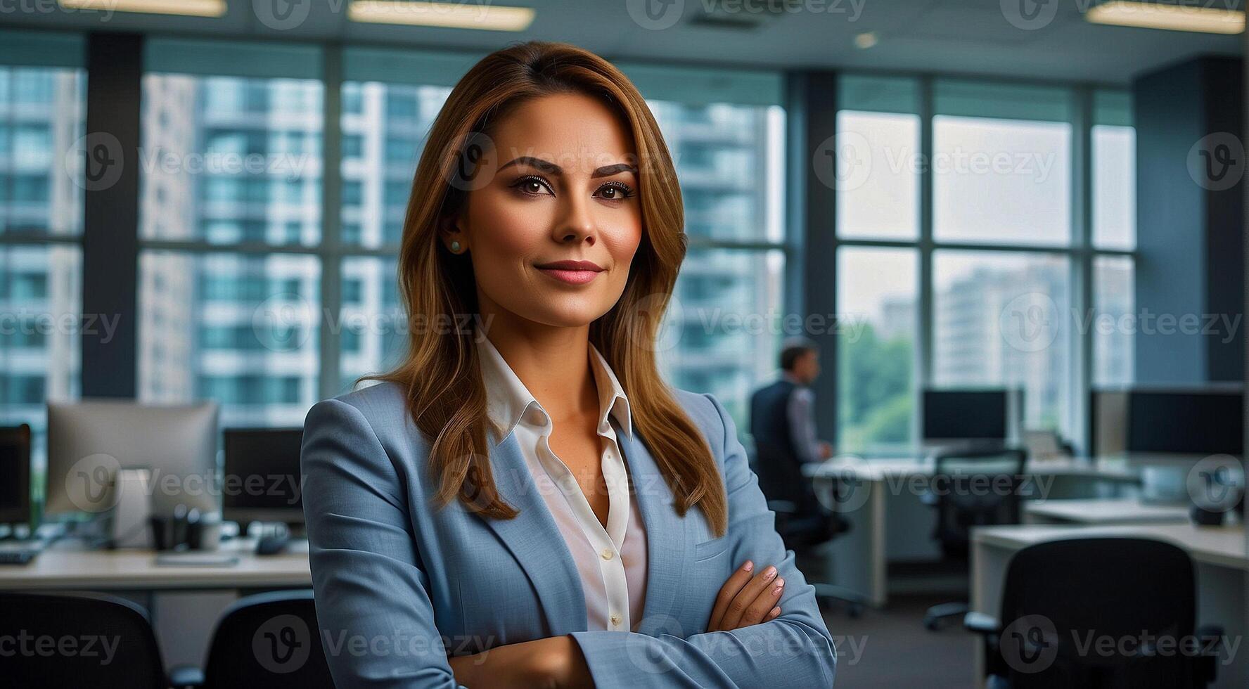 ai generado retrato de un profesional mujer de negocios en el oficina, retrato de oficina chica, mujer de negocios a el trabajo en oficina foto