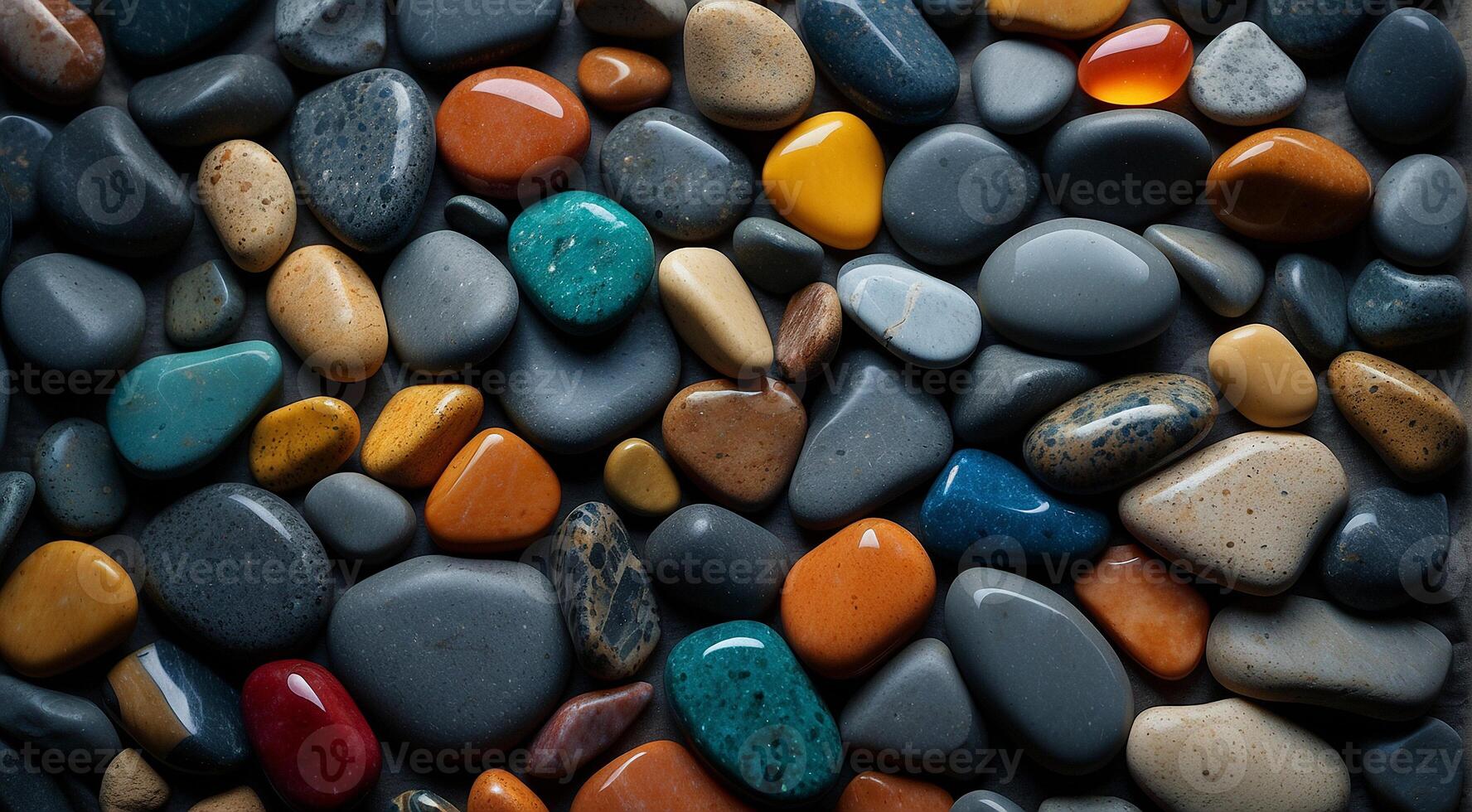 ai generado hermosa playa de colores piedras en el playa lado con olas a el noche, fósforo piedras, de colores playa piedras antecedentes foto