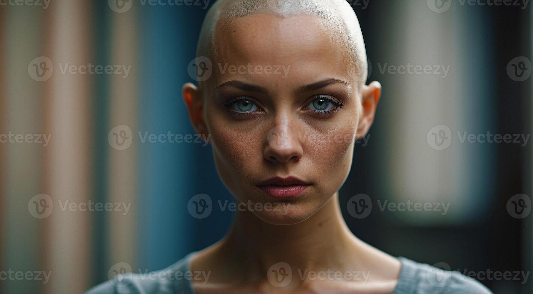 AI generated portrait of a pretty hairless woman on background, green or blue eyes, bald-headed girl, cancer woman, portrait of bald-headed woman photo