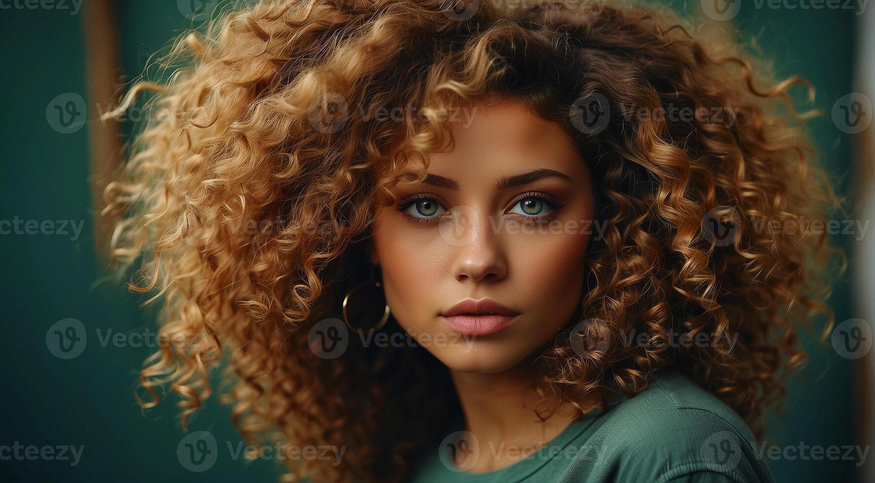 AI generated portrait of a fashion woman, curly hairs of a woman, portrait of a pretty young fashion model, pretty fashion girl in studio, curly haired woman photo