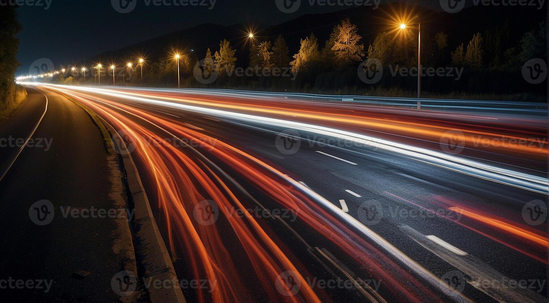 ai generado vistoso coche ligero caminos, largo exposición foto a noche, fantástico noche escena, parte superior vista, un largo exposición foto a el noche