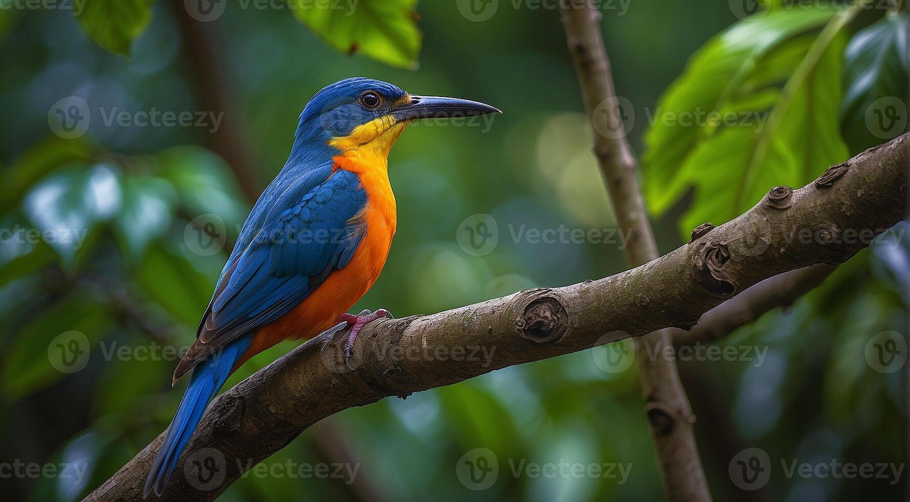 AI generated colored beautiful bird sitting on the tree in the jungle, colored wild bird, colored wild bird sitting on the branch of tree in jungle photo