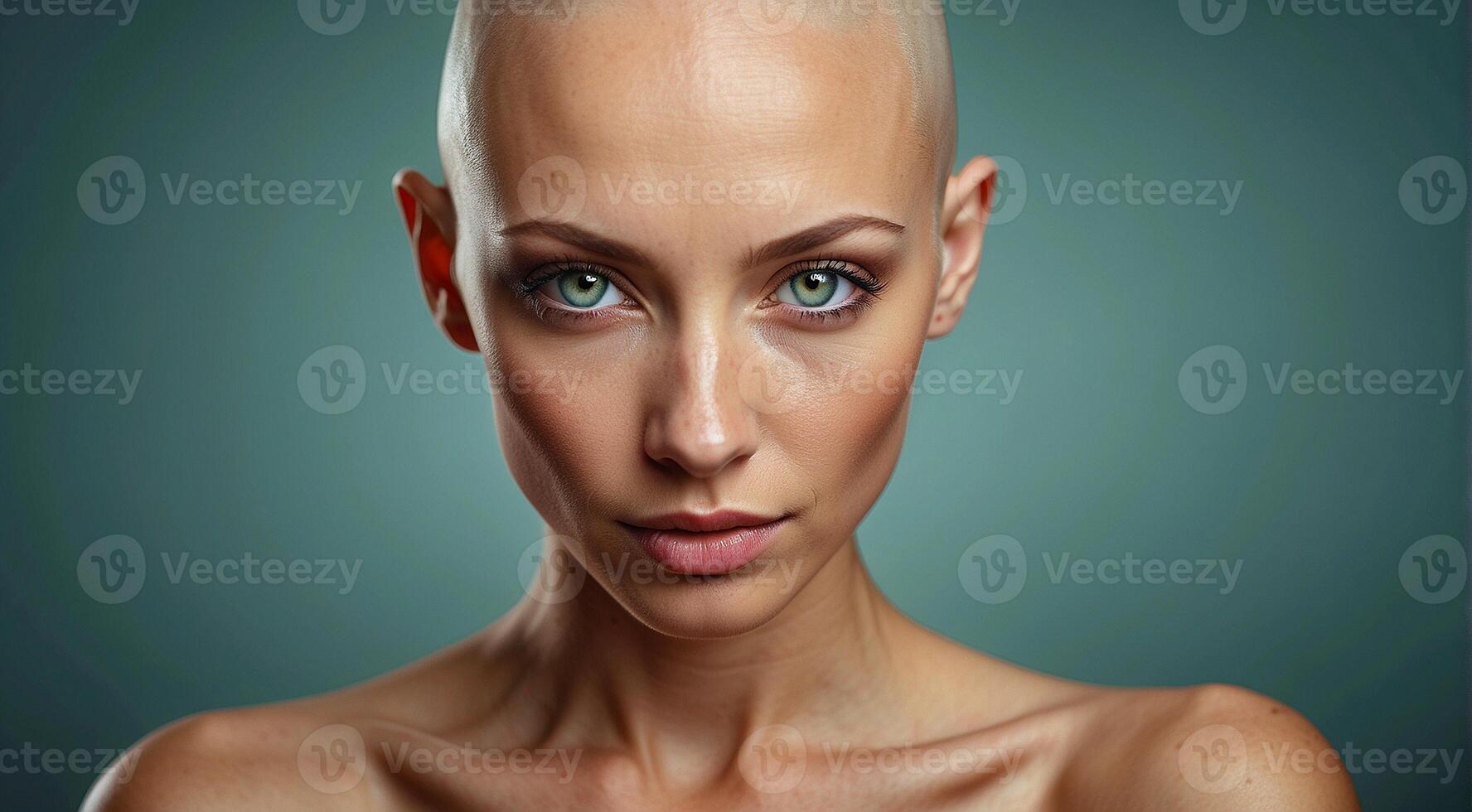 ai generado retrato de un bonito sin pelo mujer en fondo, verde o azul ojos, calvo chica, cáncer mujer, retrato de calvo mujer foto