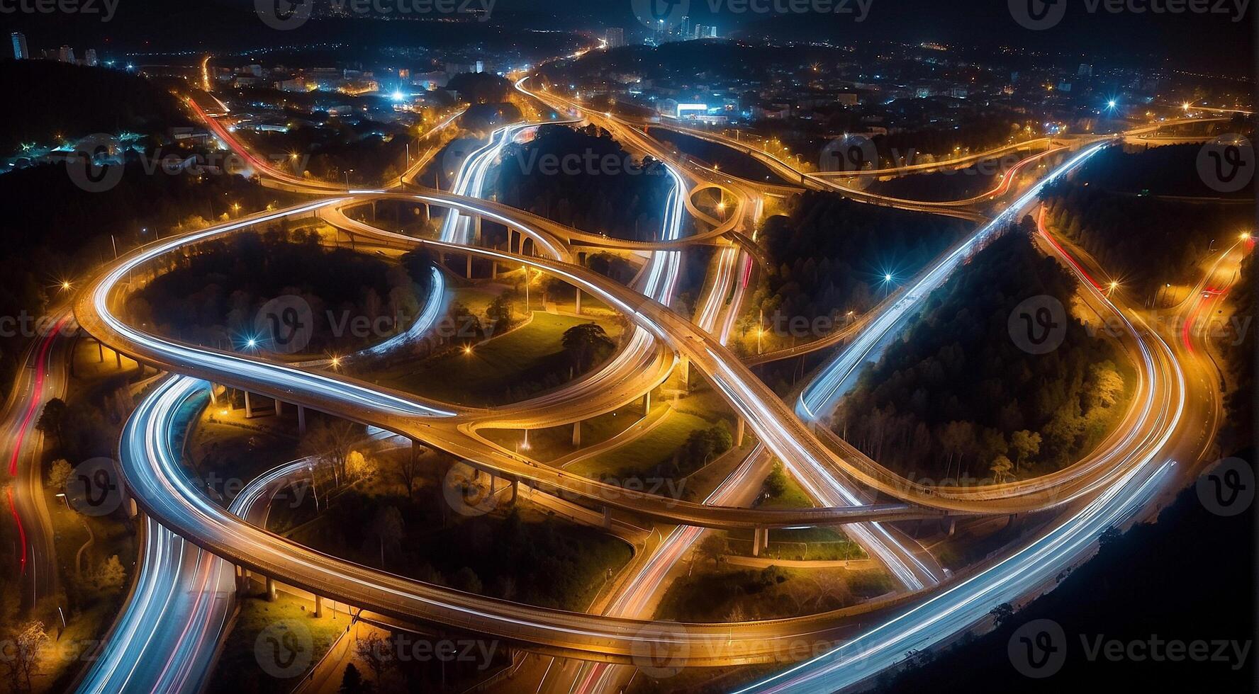 ai generado vistoso coche ligero caminos, largo exposición foto a noche, fantástico noche escena, parte superior vista, un largo exposición foto a el noche