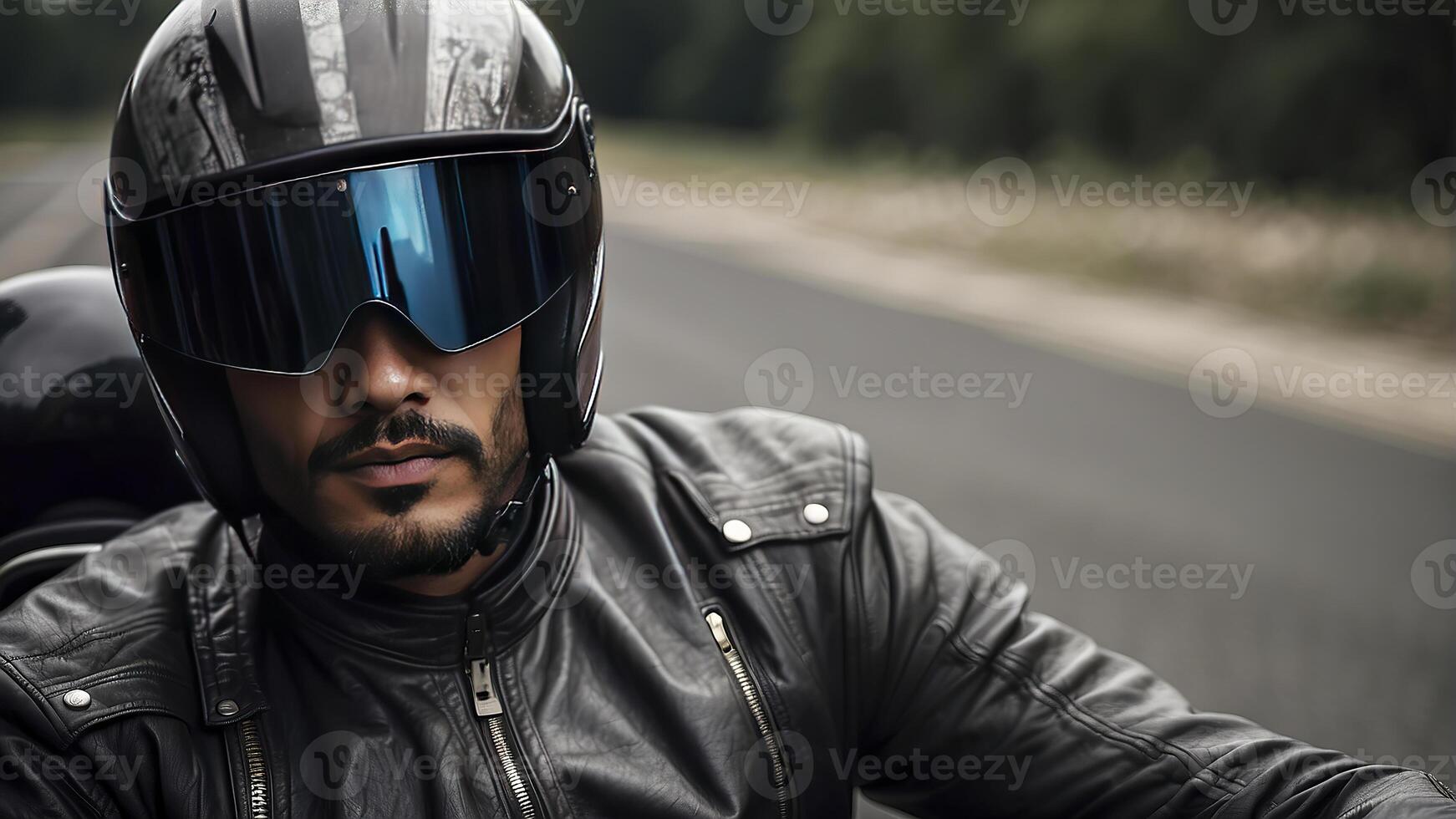 AI generated close-up of a biker on motorcycle, biker riding a bike, biker with helmet photo