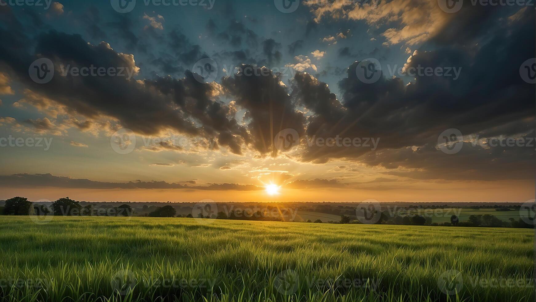 ai generado un puesta de sol terminado un verde campo con el Dom brillante mediante el nubes y el Dom brillante mediante el hojas, viento Moviente verde césped, panorámico vista, verano paisaje foto