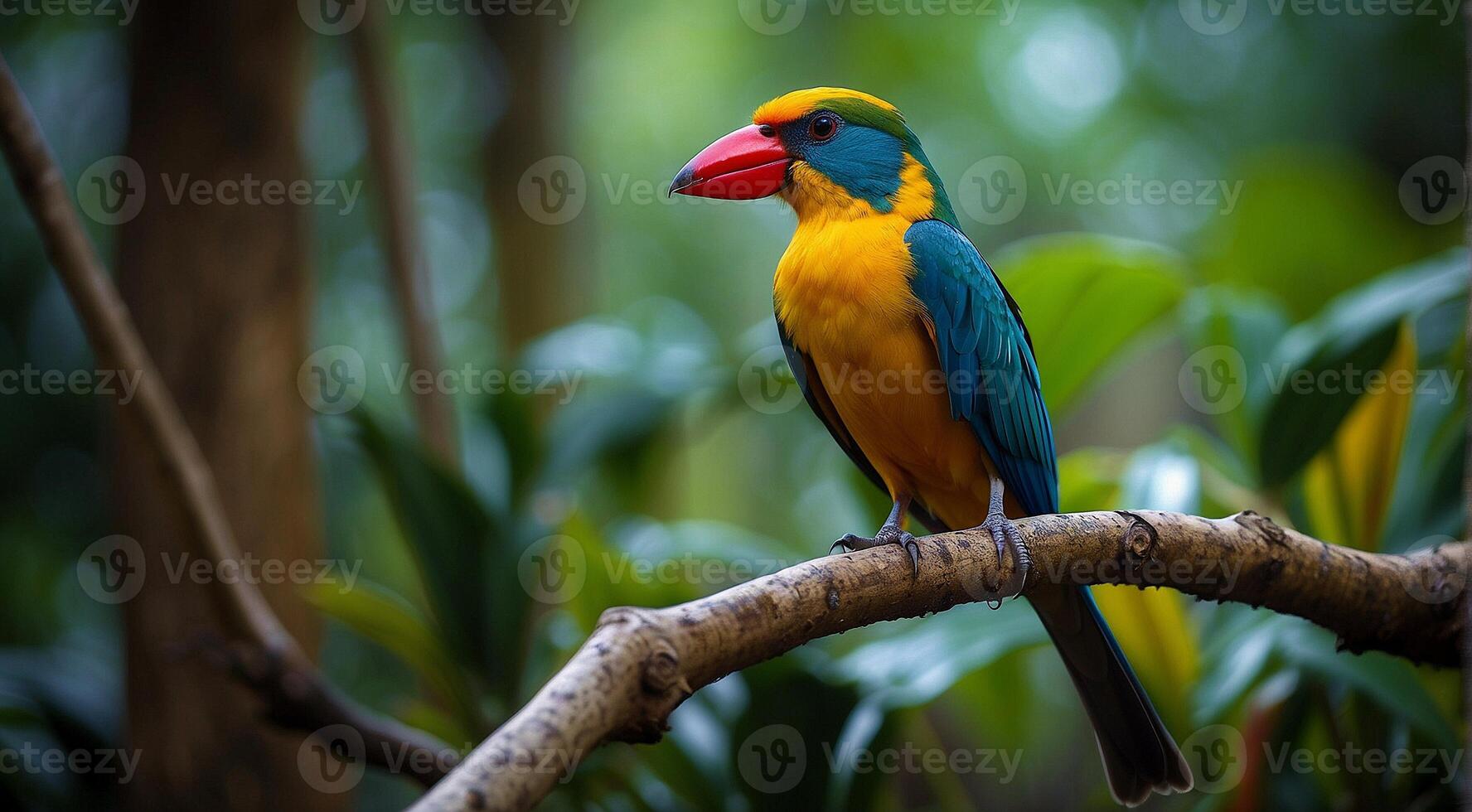 AI generated colored beautiful bird sitting on the tree in the jungle, colored wild bird, colored wild bird sitting on the branch of tree in jungle photo