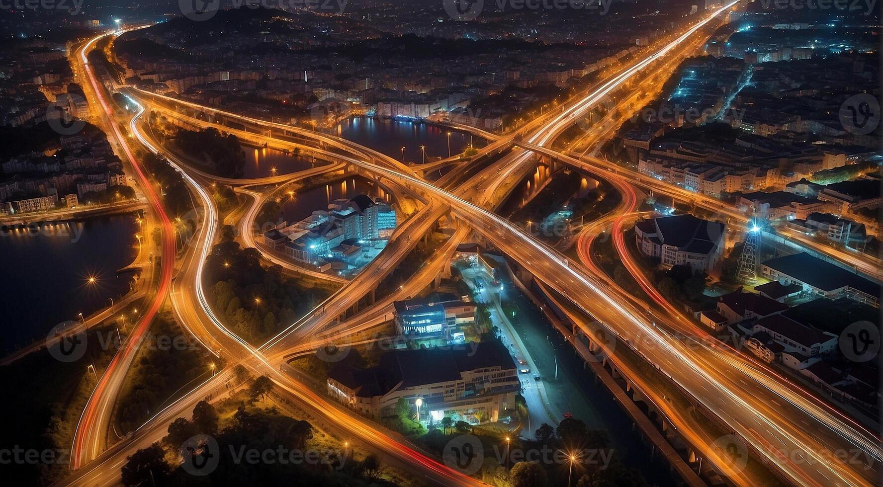 ai generado vistoso coche ligero caminos, largo exposición foto a noche, fantástico noche escena, parte superior vista, un largo exposición foto a el noche