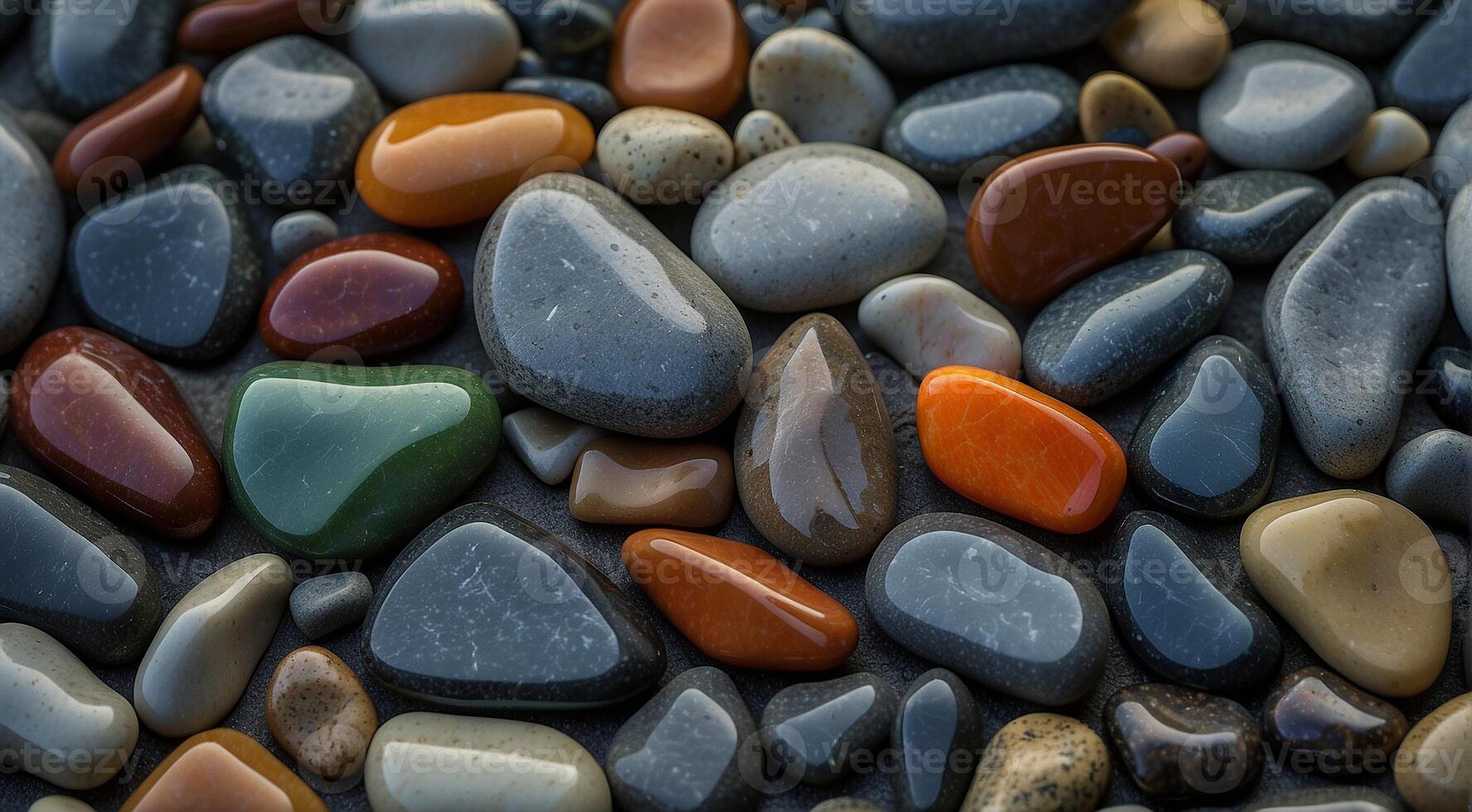 ai generado hermosa playa de colores piedras en el playa lado con olas a el noche, fósforo piedras, de colores playa piedras antecedentes foto