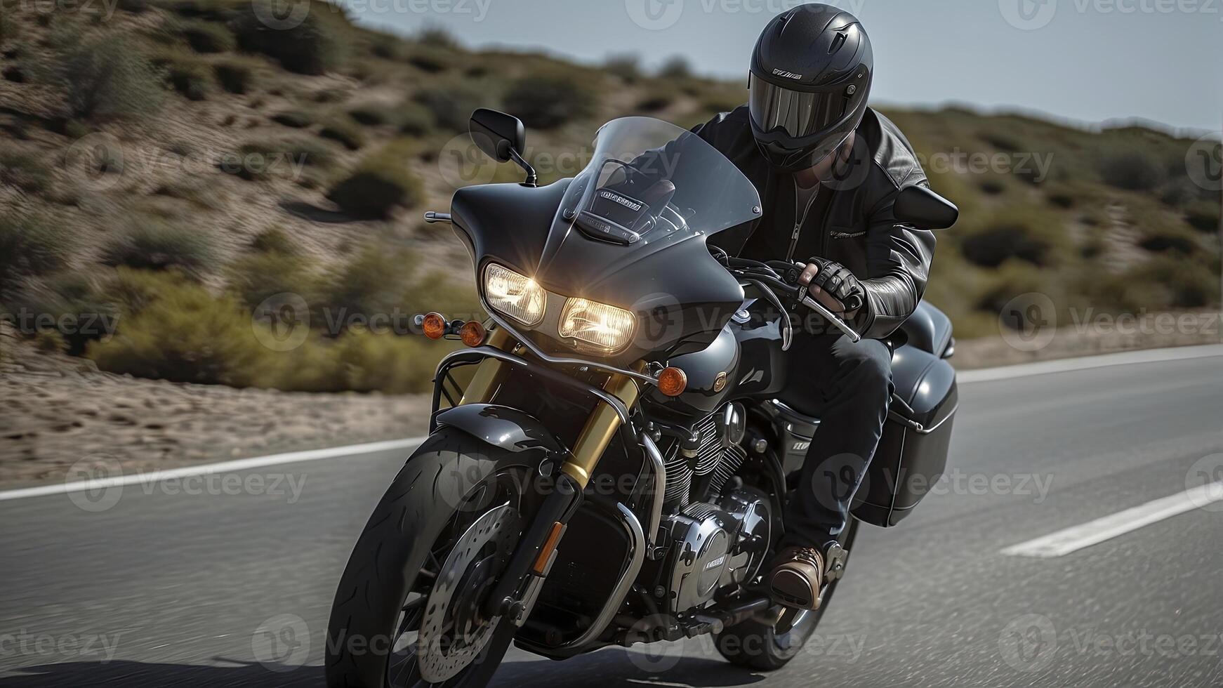 ai generado de cerca de un motorista en motocicleta, motorista montando un bicicleta, motorista con casco foto