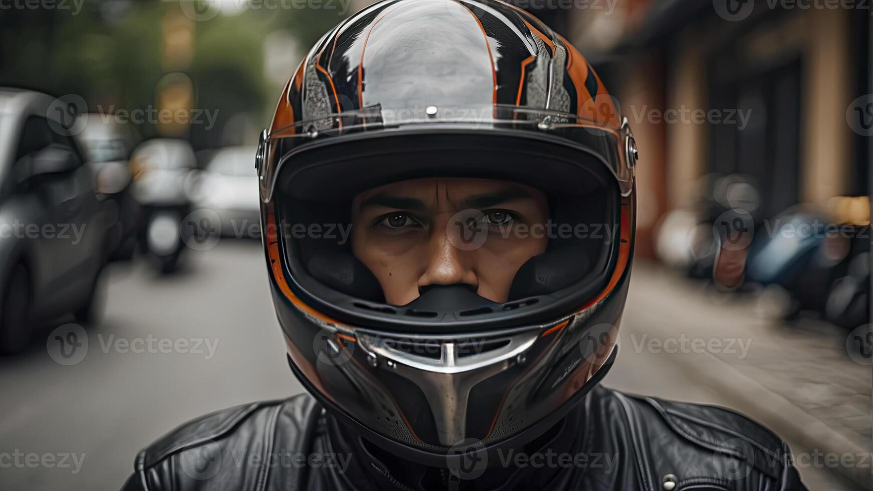 ai generado de cerca de un motorista en motocicleta, motorista montando un bicicleta, motorista con casco foto