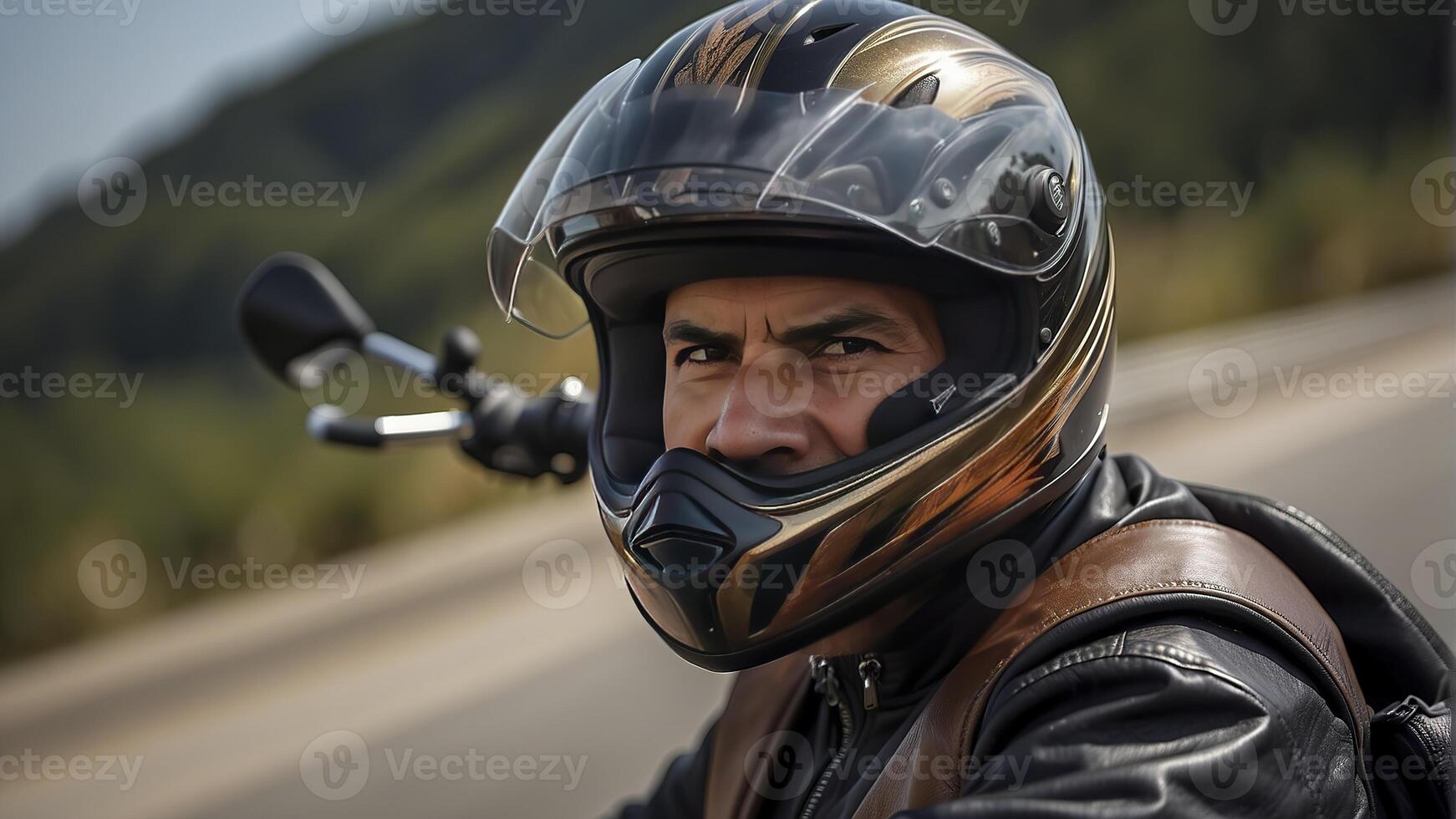 AI generated close-up of a biker on motorcycle, biker riding a bike, biker with helmet photo