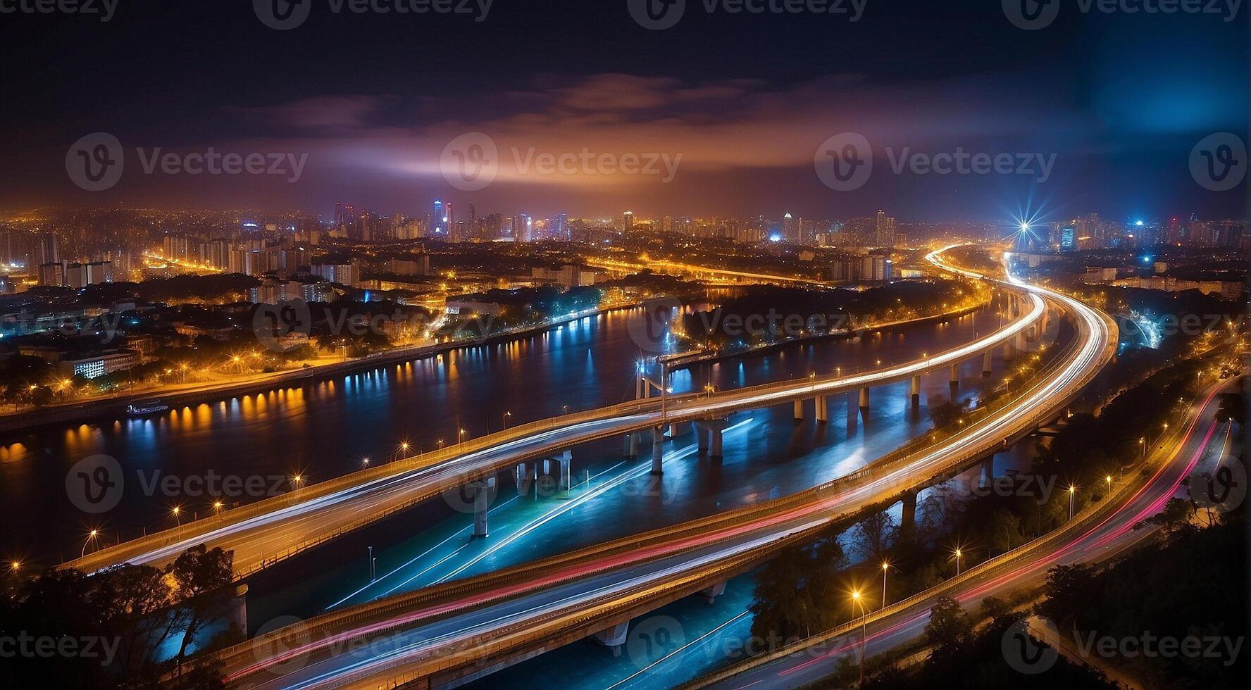 AI generated Colorful car light trails, long exposure photo at night, fantastic night scene, top view, a long exposure photo at the night