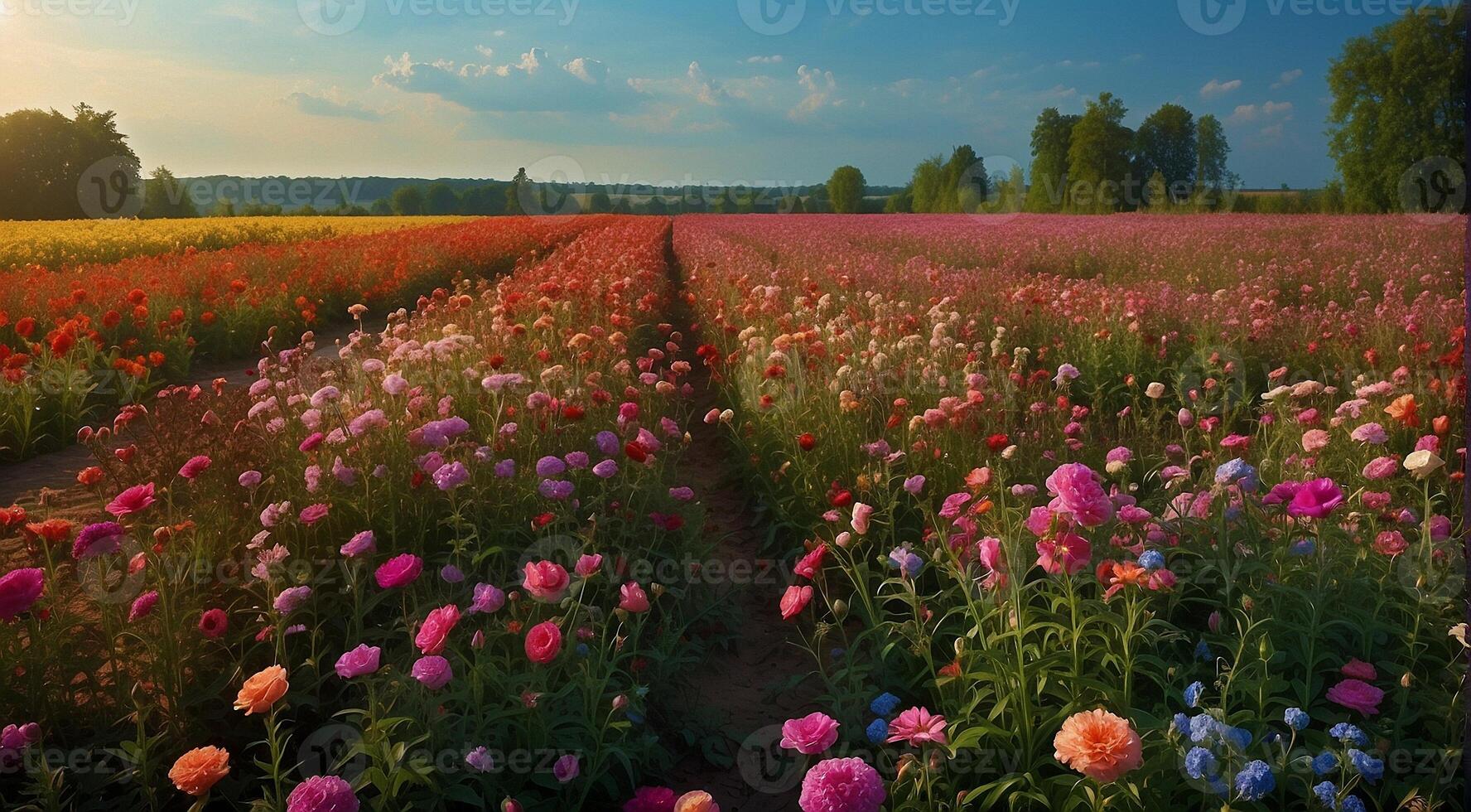 AI generated beautiful flower field, summer scene, beautiful flowers in the field, green nature, panoramic view photo