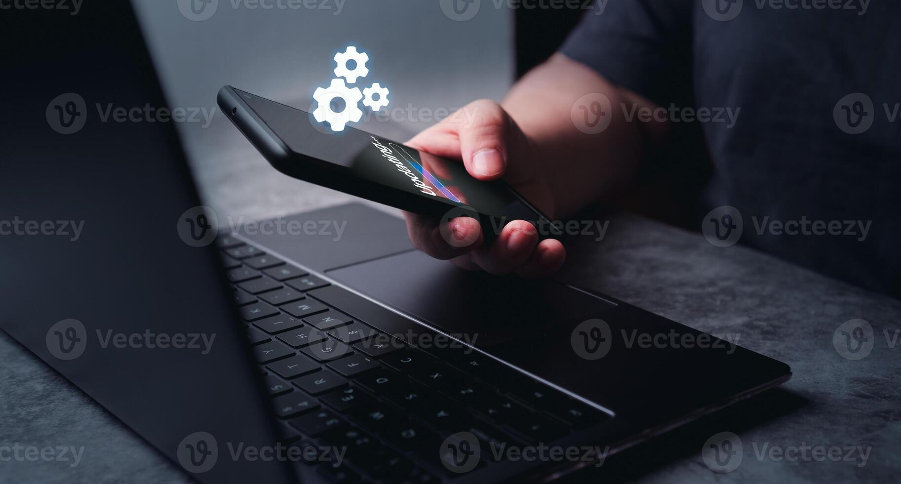 Woman updating system on smartphone. Software engineer and programming. Software apps developer. photo