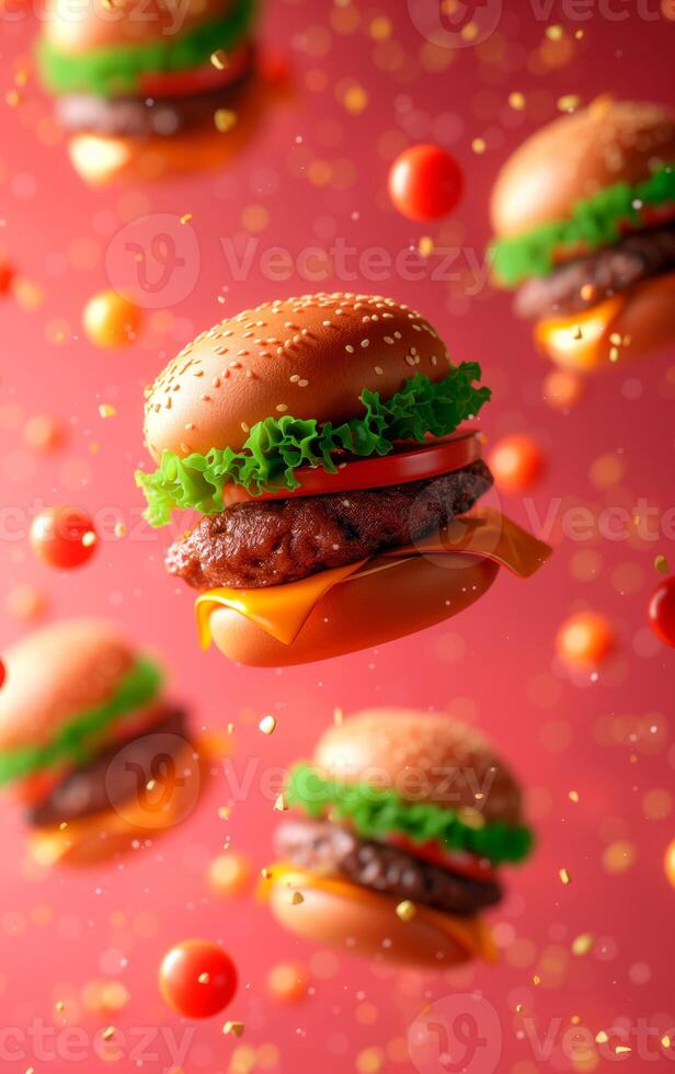AI generated Delicious flying burgers over blurred and colorful background with empty space for text. photo