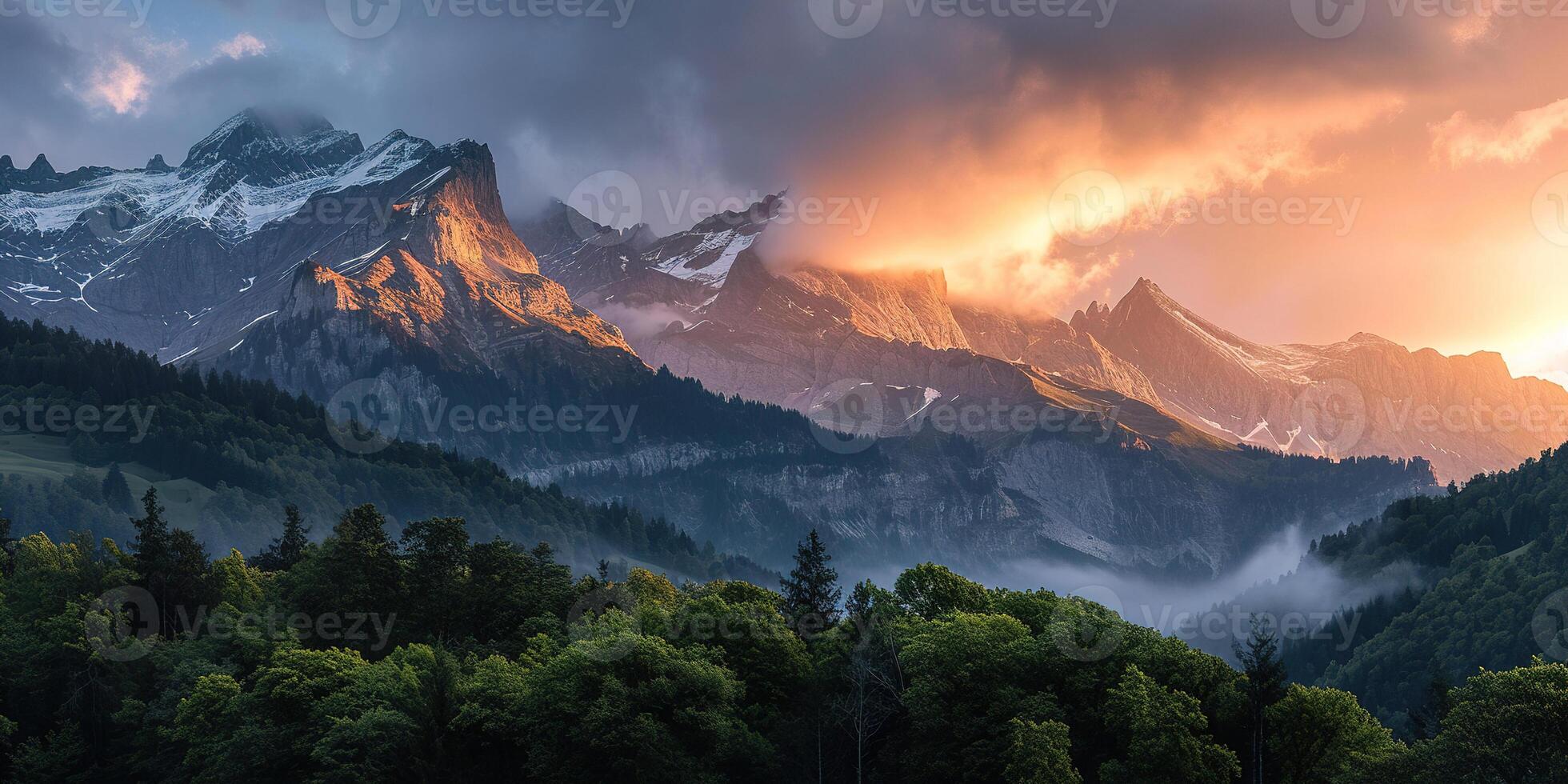 AI generated Swiss Alps snowy mountain range with valleys and meadows, countryside in Switzerland landscape. Golden hour majestic fiery sunset sky, travel destination wallpaper background photo