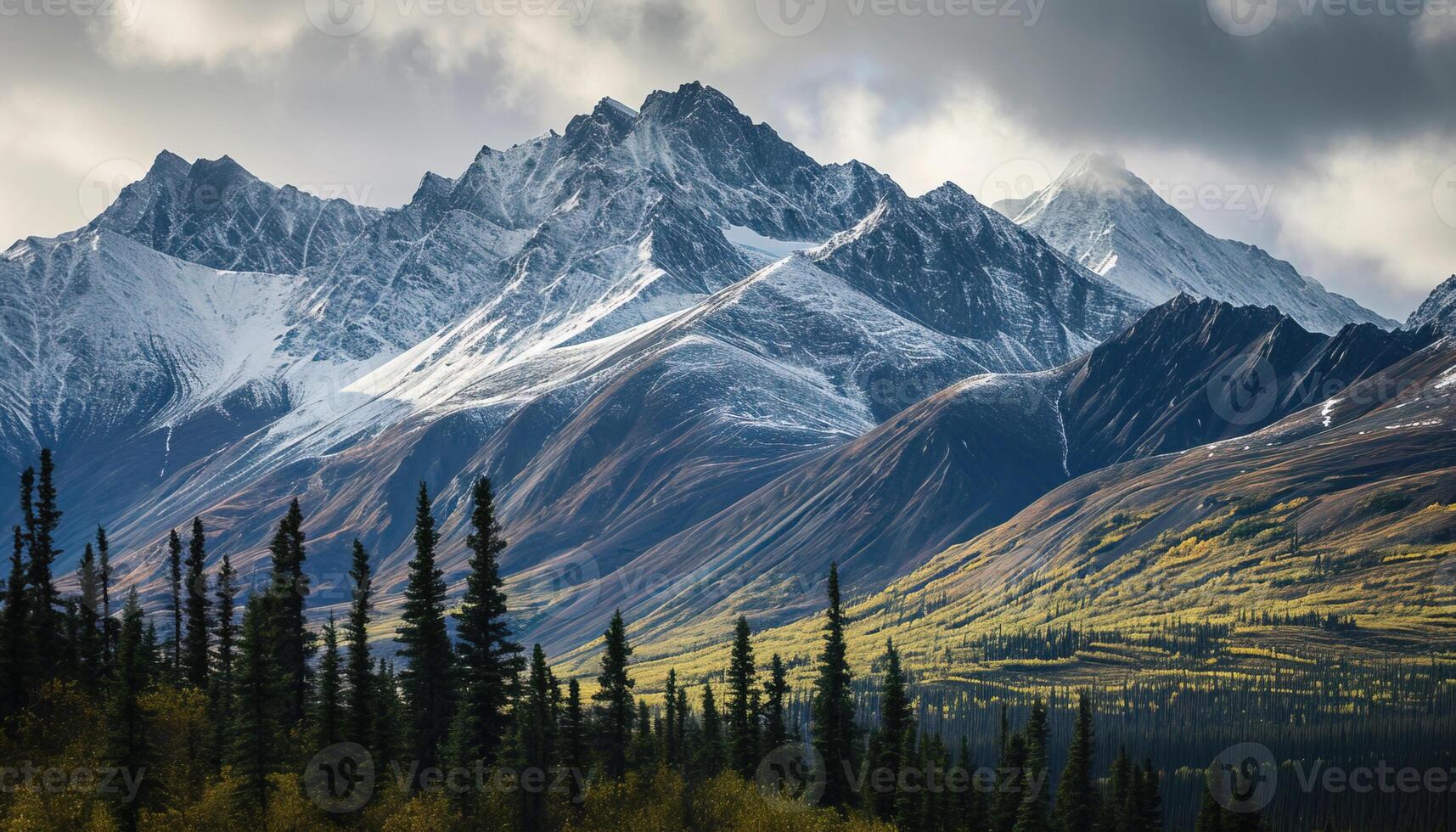 AI generated Snowy mountains of Alaska, landscape with forests, valleys, and rivers in daytime. Serene wilderness nature composition background wallpaper, travel destination, adventure outdoors photo