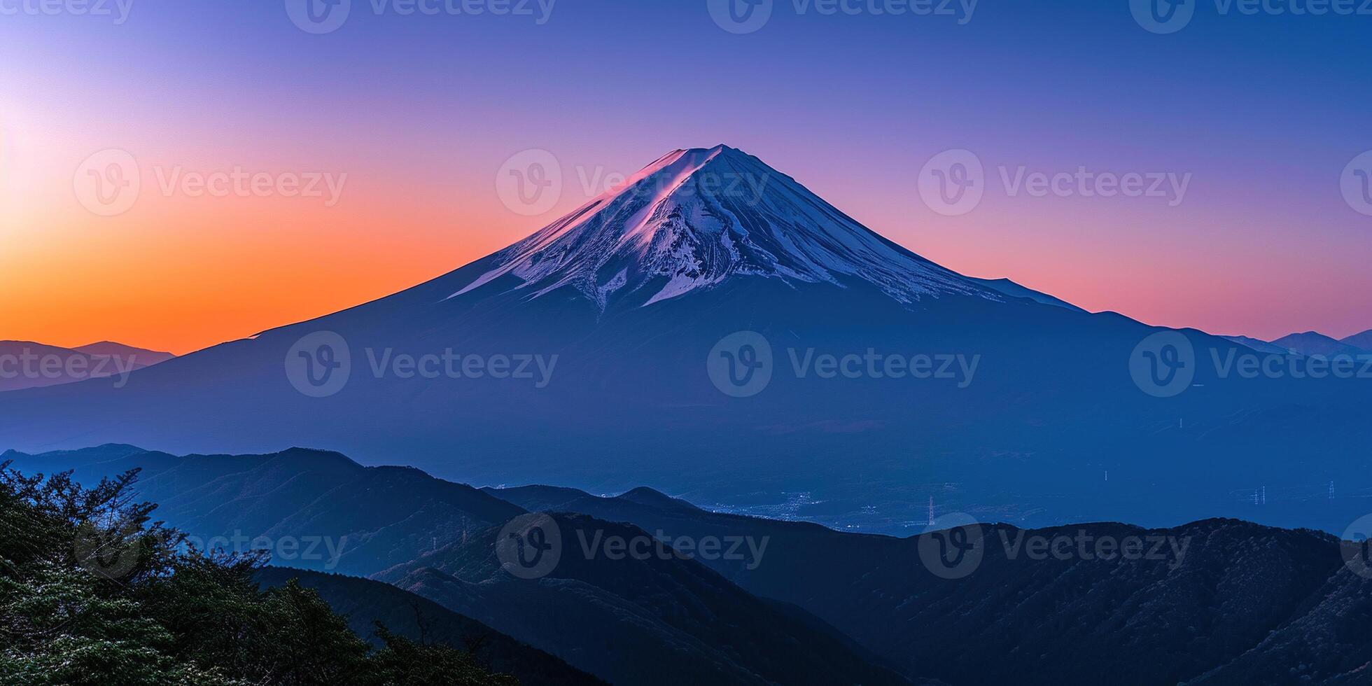 AI generated Mt. Fuji, mount Fuji-san tallest volcano mountain in Tokyo, Japan. Snow capped peak, conical sacred symbol, purple, orange sunset nature landscape backdrop background wallpaper, travel photo