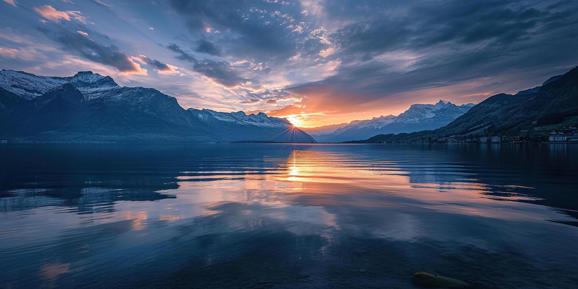 ai generado suizo Alpes Nevado montaña rango con valles y prados, campo en Suiza paisaje. dorado hora majestuoso ardiente puesta de sol cielo, viaje destino fondo de pantalla antecedentes foto