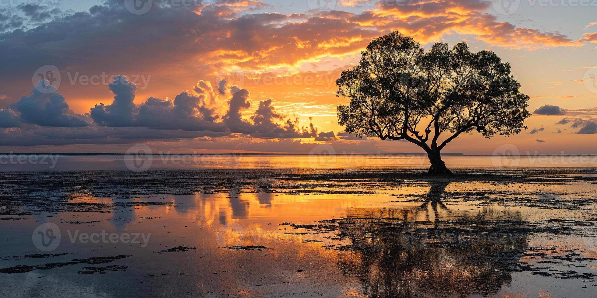 AI generated A silhouette of a tree on an island beach sunset landscape. Golden hour evening sky in the horizon. Mindfulness, meditation, calmness, serenity, relaxation concept background photo
