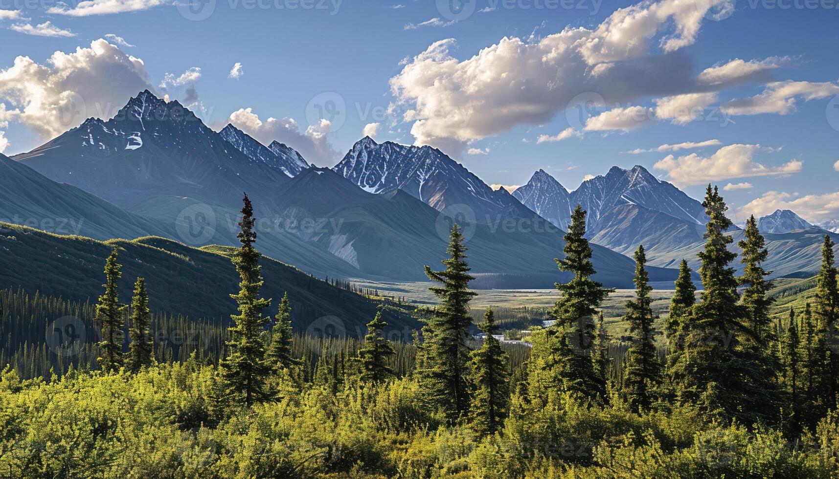 AI generated Snowy mountains of Alaska, landscape with forests, valleys, and rivers in daytime. Breathtaking nature composition background wallpaper, travel destination, adventure outdoors photo