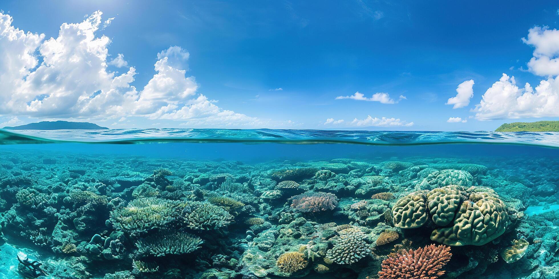 AI generated Great Barrier Reef on the coast of Queensland, Australia seascape. Coral sea marine ecosystem underwater split view with a blue daylight sky wallpaper background photo