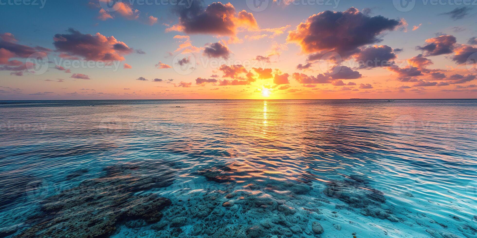 AI generated Great Barrier Reef on the coast of Queensland, Australia seascape. Coral sea marine ecosystem wallpaper background at sunset, with an orange purple sky in the evening golden hour photo